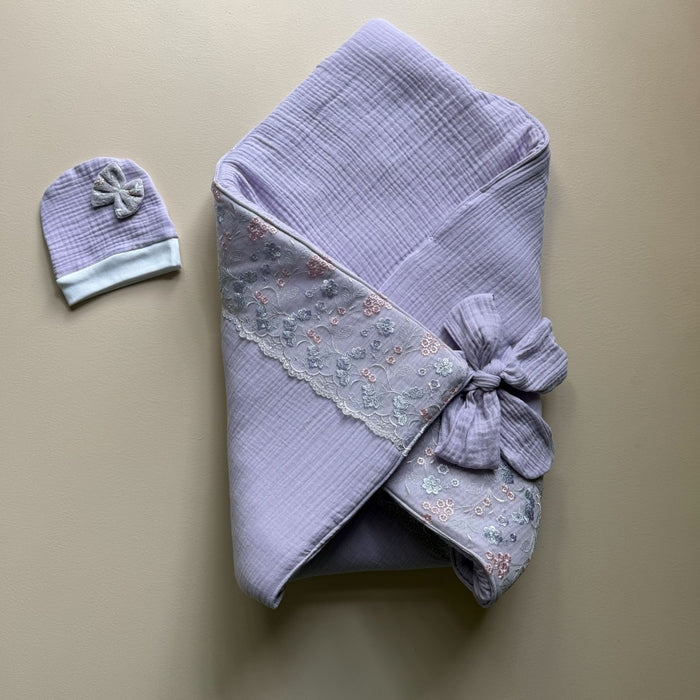 Lavender Bloom Muslin Drape & Cap Set