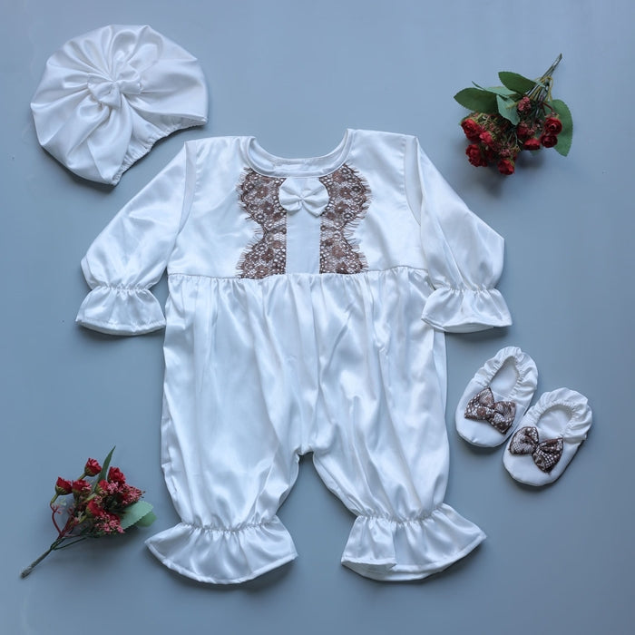 White Dove Satin Romper and Turban Set