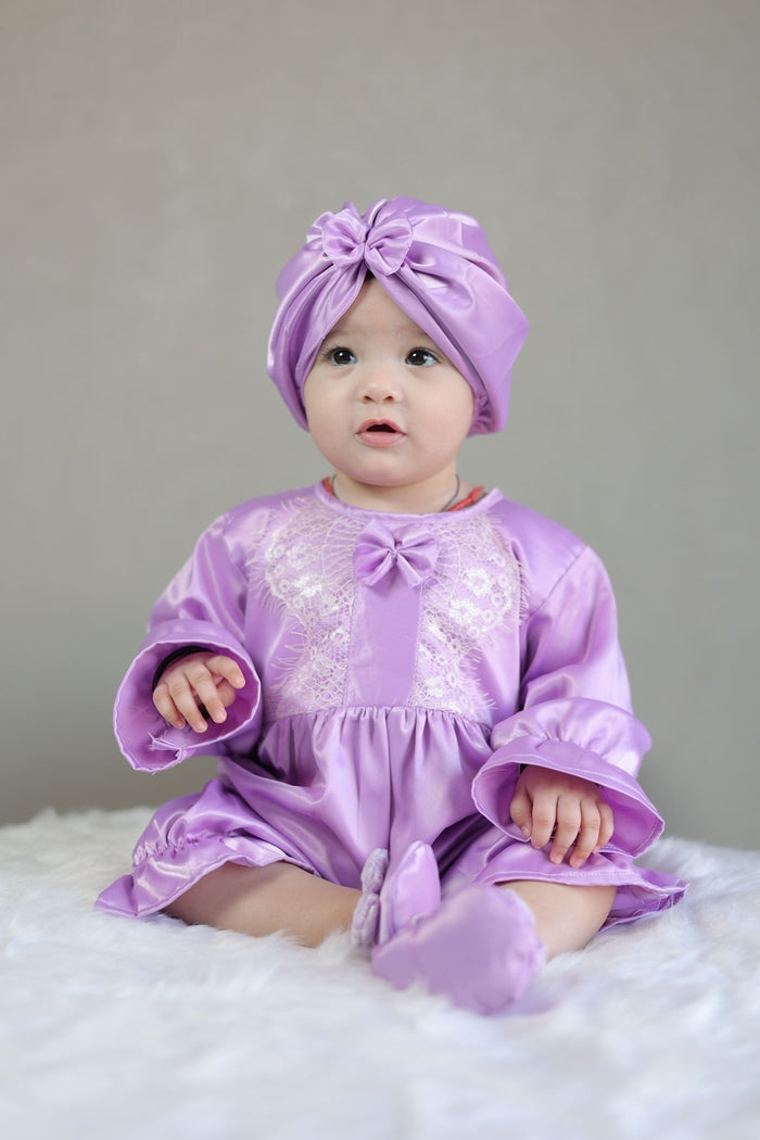 Lilac Glow Baby Romper and Turban Set