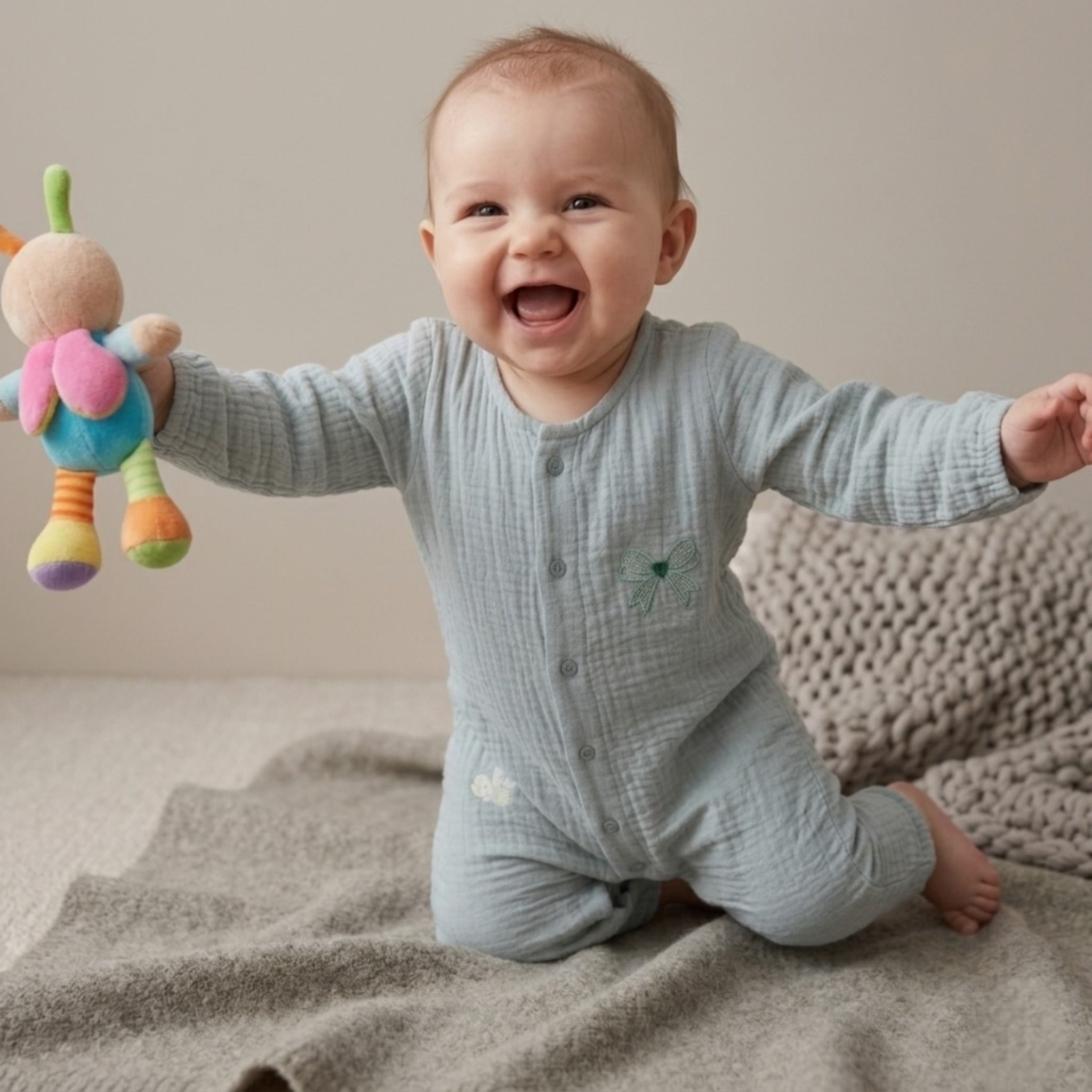 Baby Aroosa Sage-Bow Muslin Romper