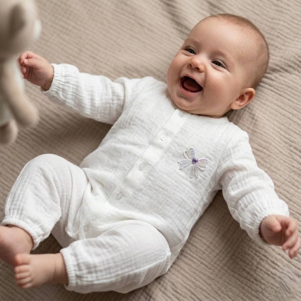 Baby Aroosa Violet-Bow Muslin Romper