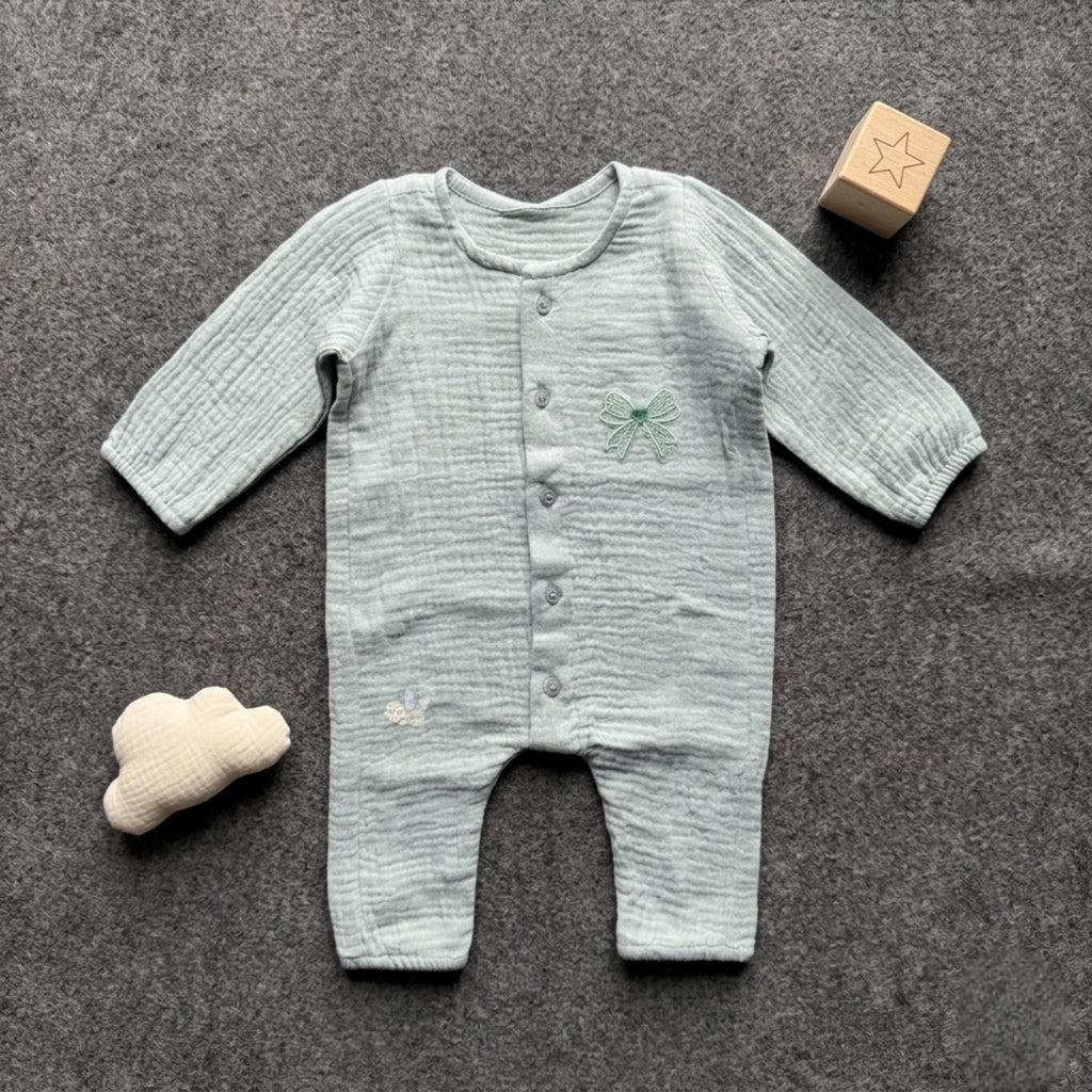 Baby Aroosa Sage-Bow Muslin Romper