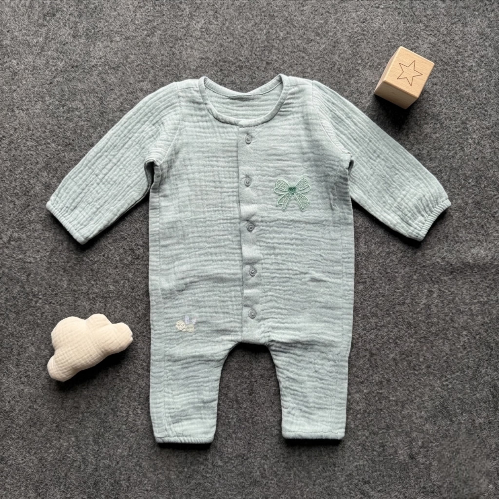 Baby Aroosa Sage-Bow Muslin Romper