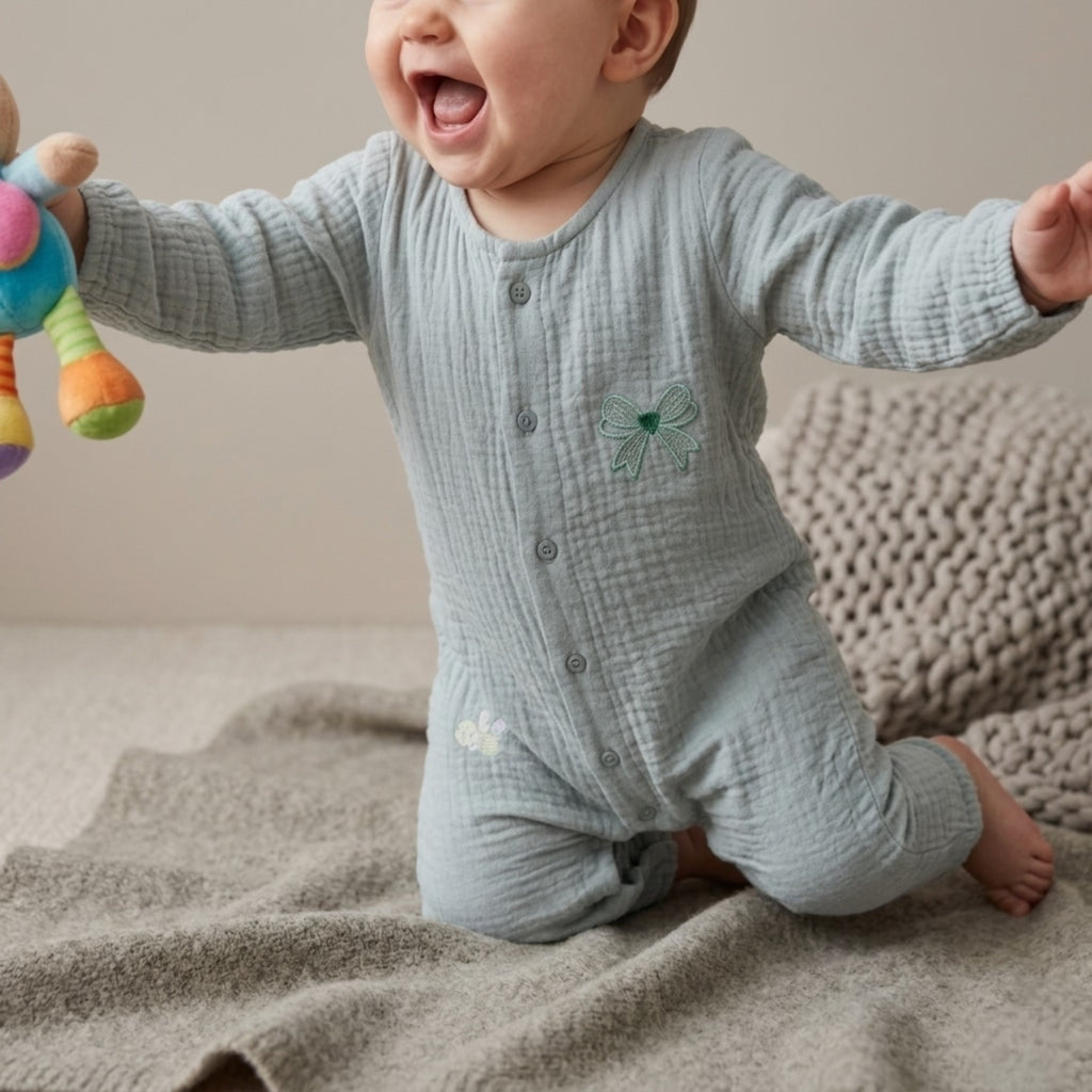 Baby Aroosa Sage-Bow Muslin Romper