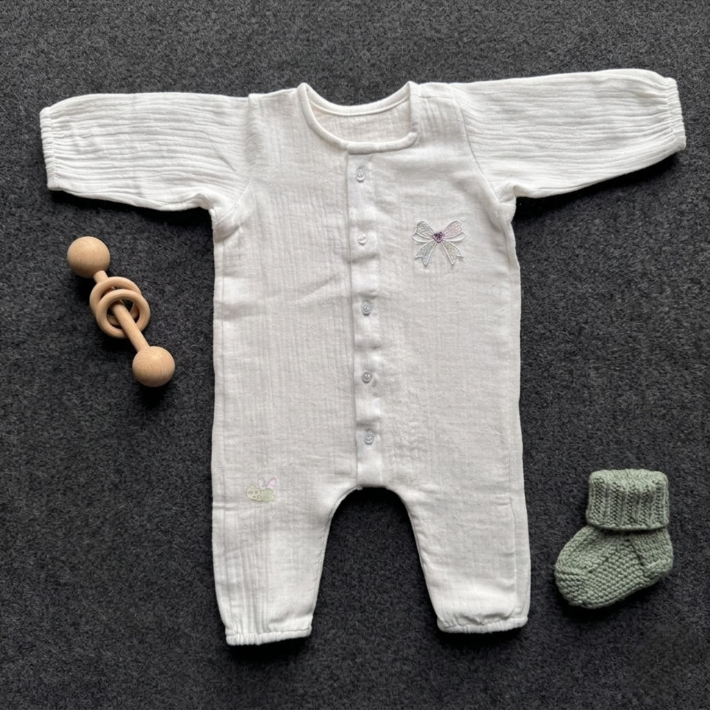Baby Aroosa Violet-Bow Muslin Romper