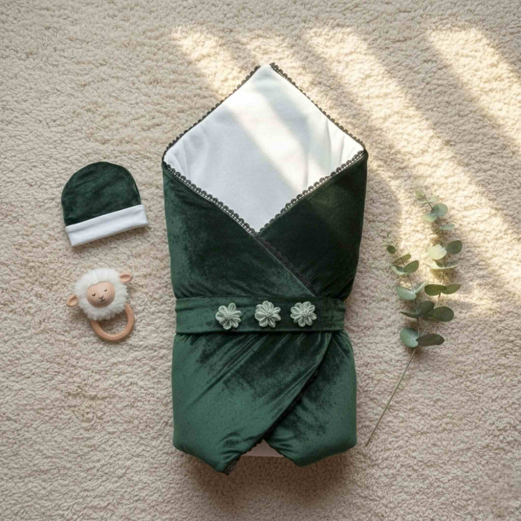 Emerald Royale Velvet Winter Drape & Cap Set