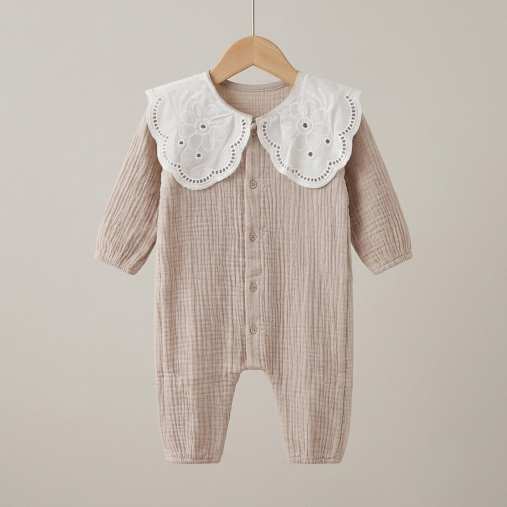 Blossom Heritage Muslin Romper – Sand Beige