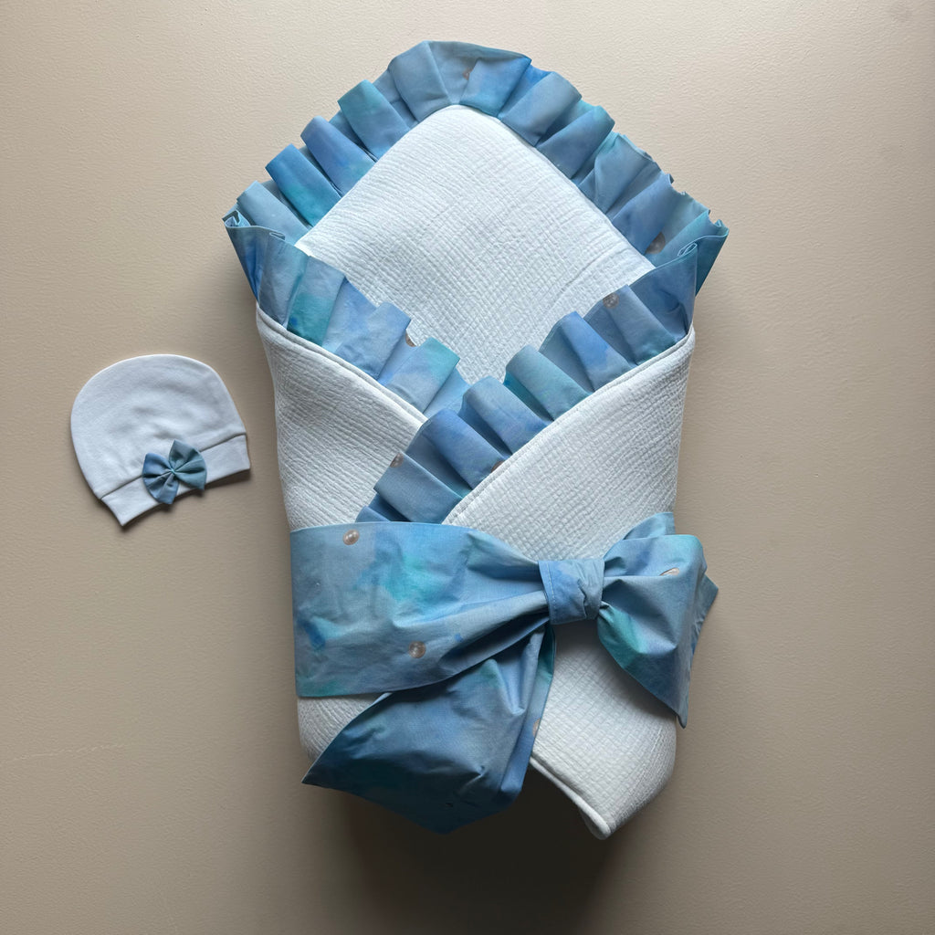 Blue Pearl Elegance – Muslin Drape & Cap Set
