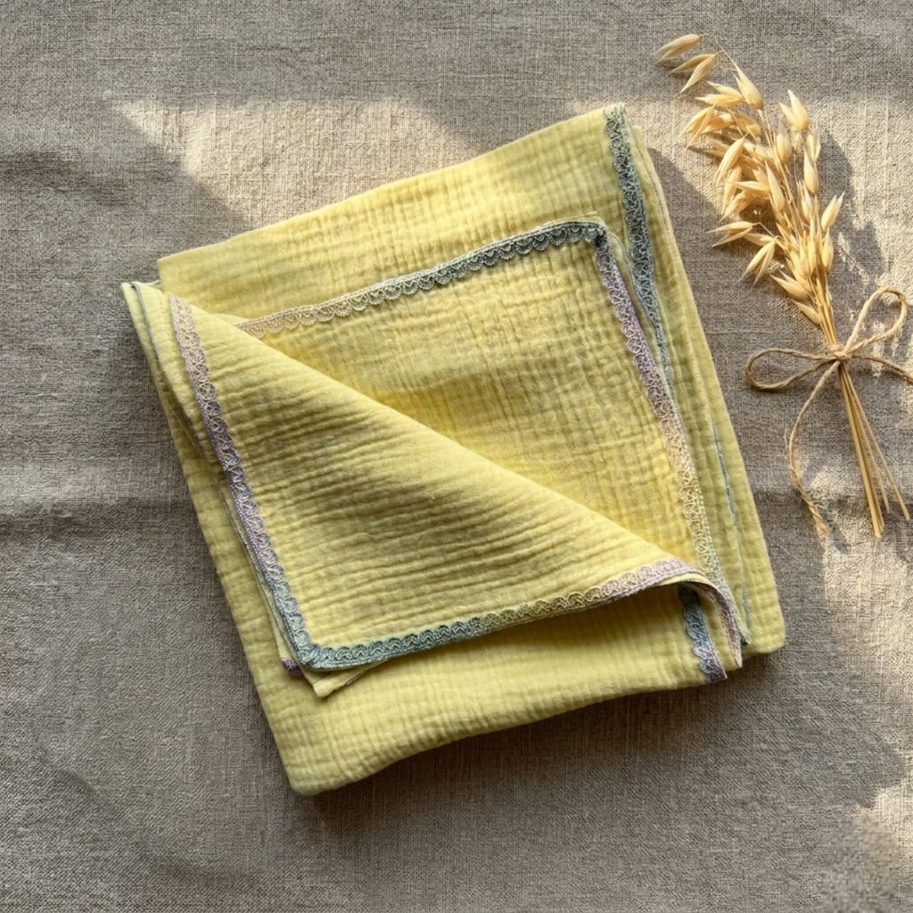 Butter Yellow Muslin Lace Trim Baby Swaddle