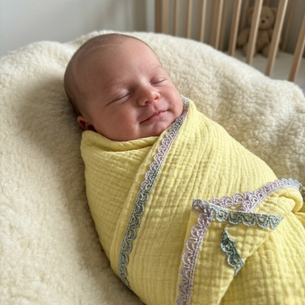 Butter Yellow Muslin Lace Trim Baby Swaddle