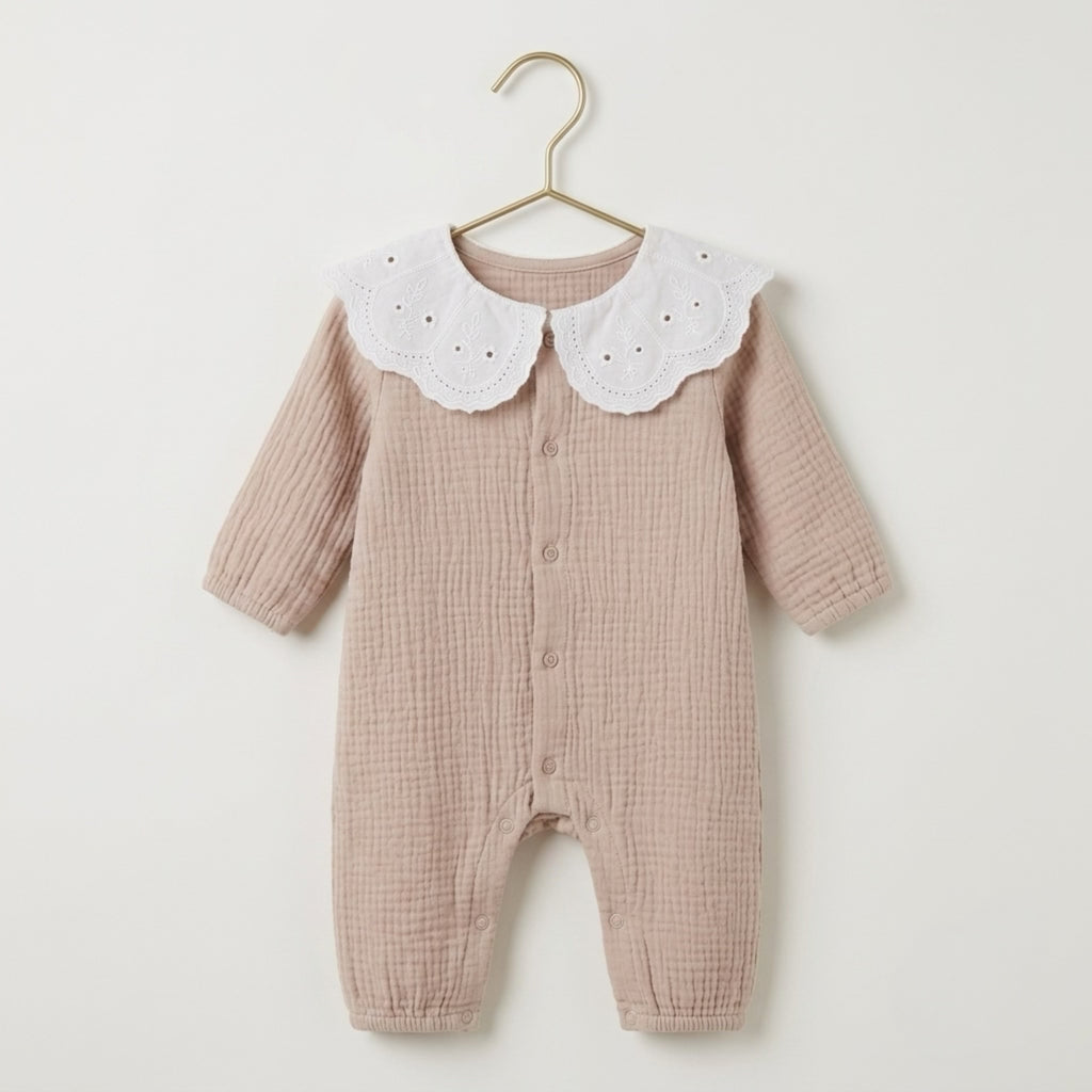 Eyelet Scallop Collar Muslin Romper – Blush Beige
