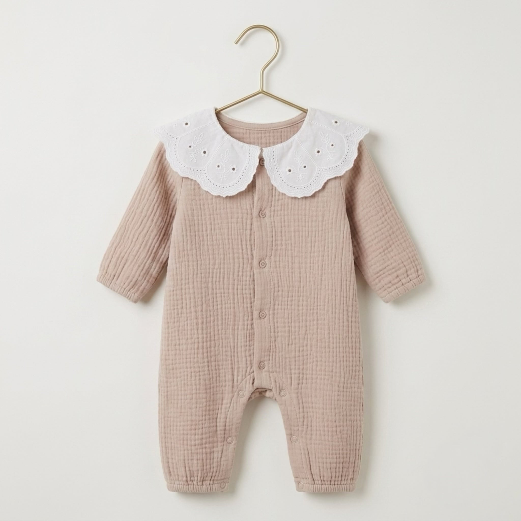 Eyelet Scallop Collar Muslin Romper – Blush Beige