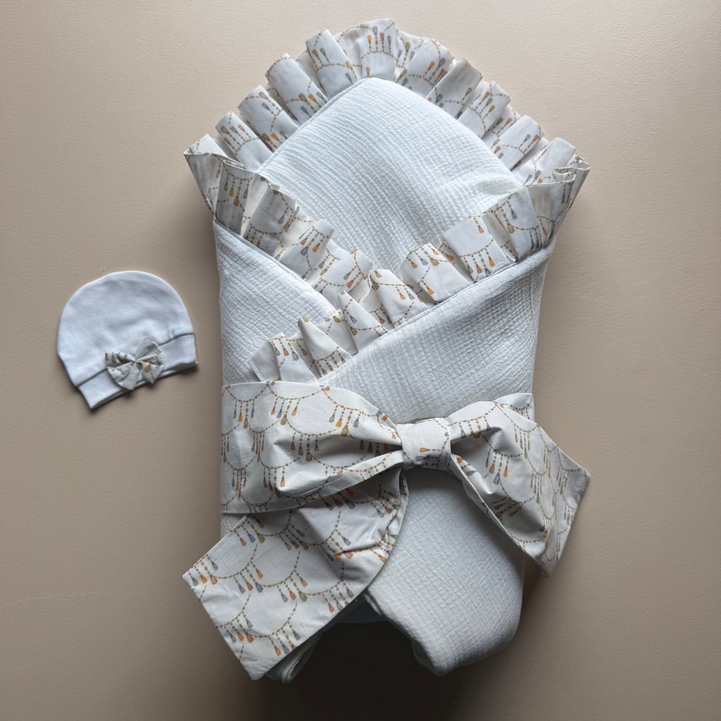 Golden Heirloom – Luxury Muslin Drape & Cap Set