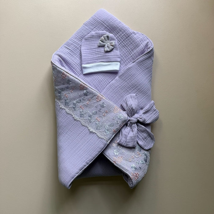 Lavender Bloom Muslin Drape & Cap Set