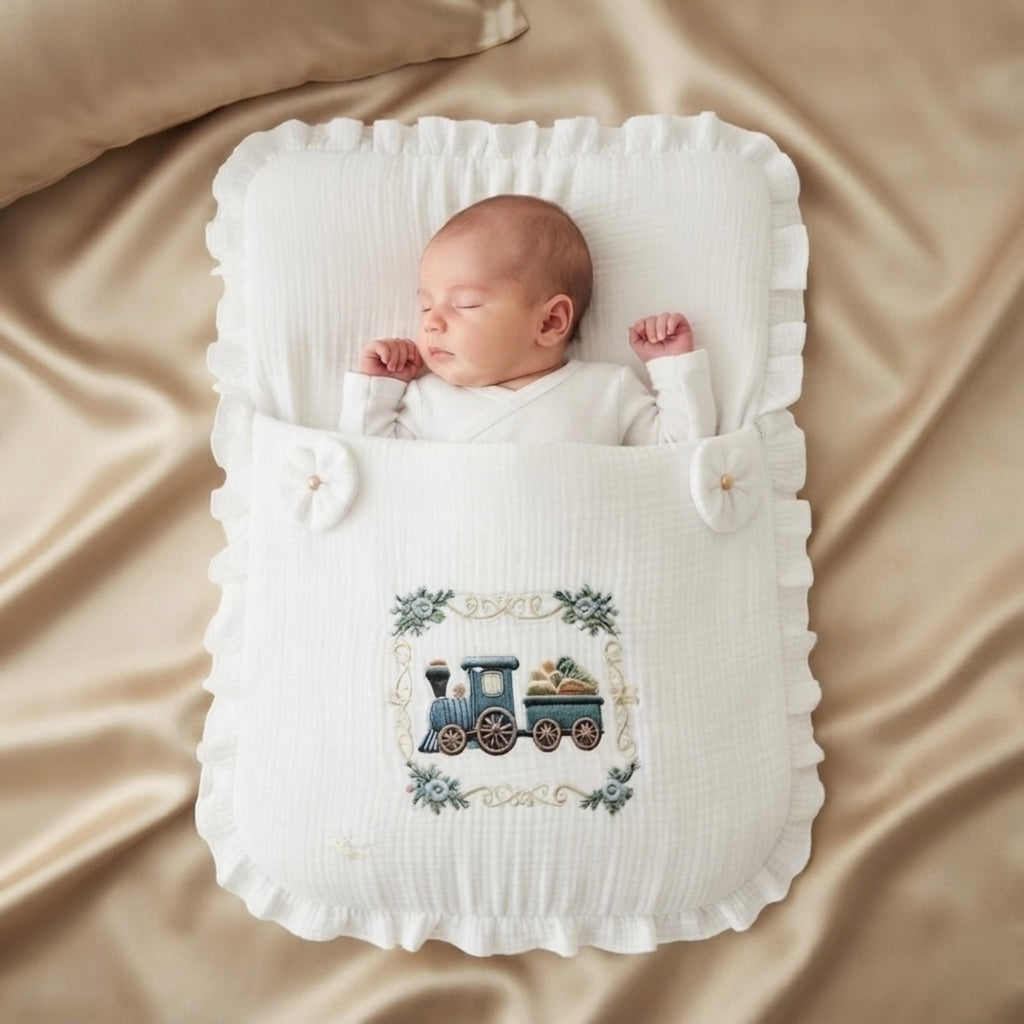 A sleeping newborn baby lies on a white muslin baby wrap pillow 
