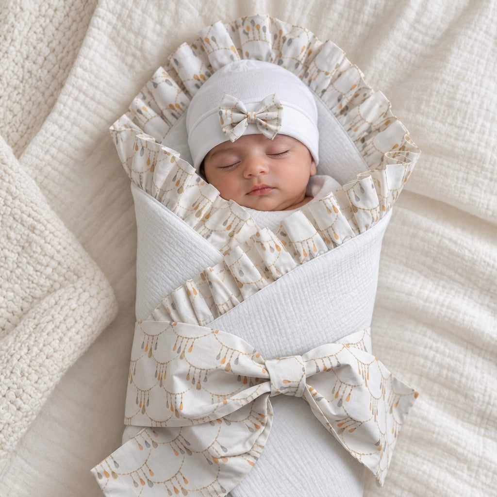 Golden Heirloom – Luxury Muslin Drape & Cap Set