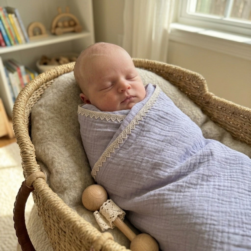 Lavender Mist Muslin Lace Trim Baby Swaddle