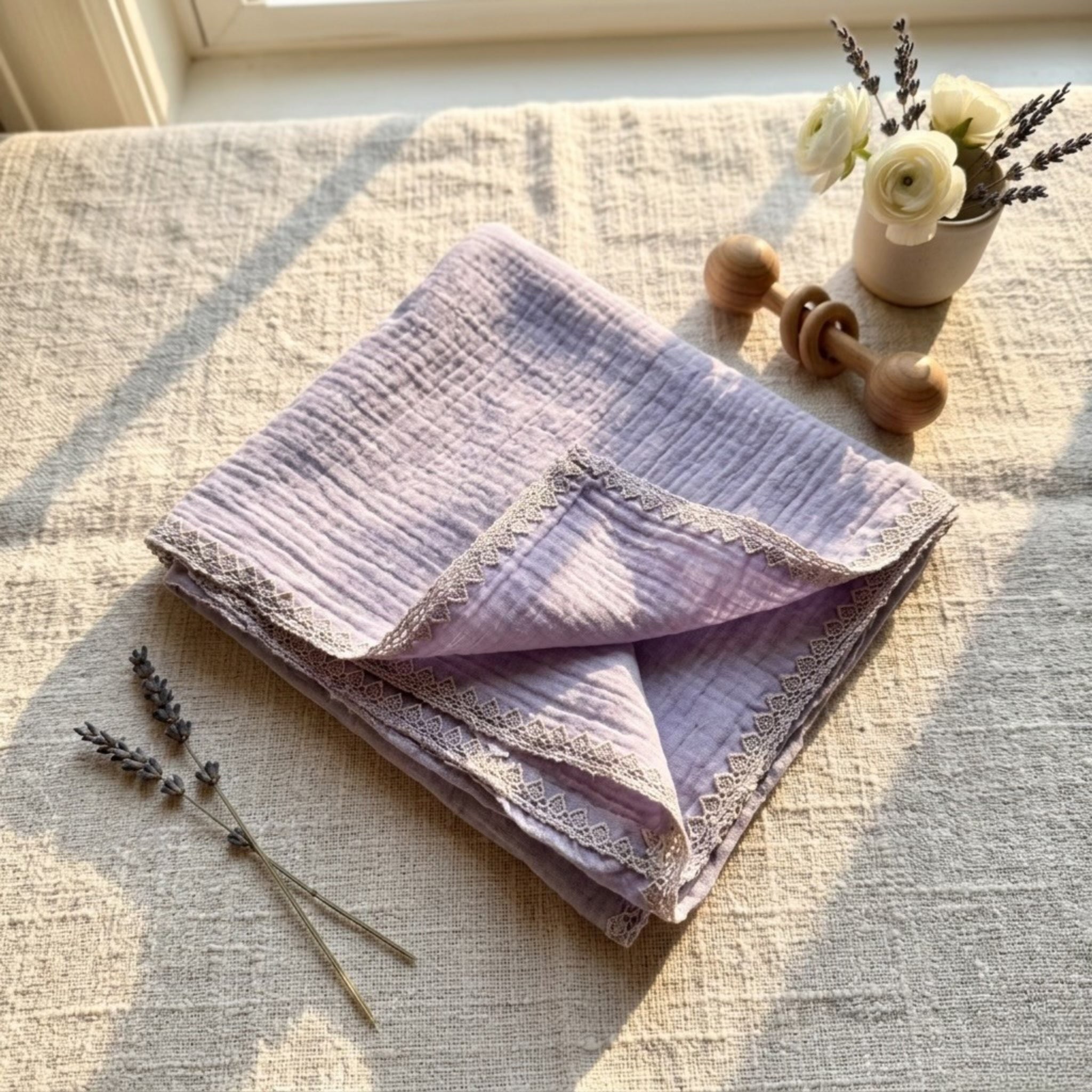 Lavender Mist Muslin Lace Trim Baby Swaddle