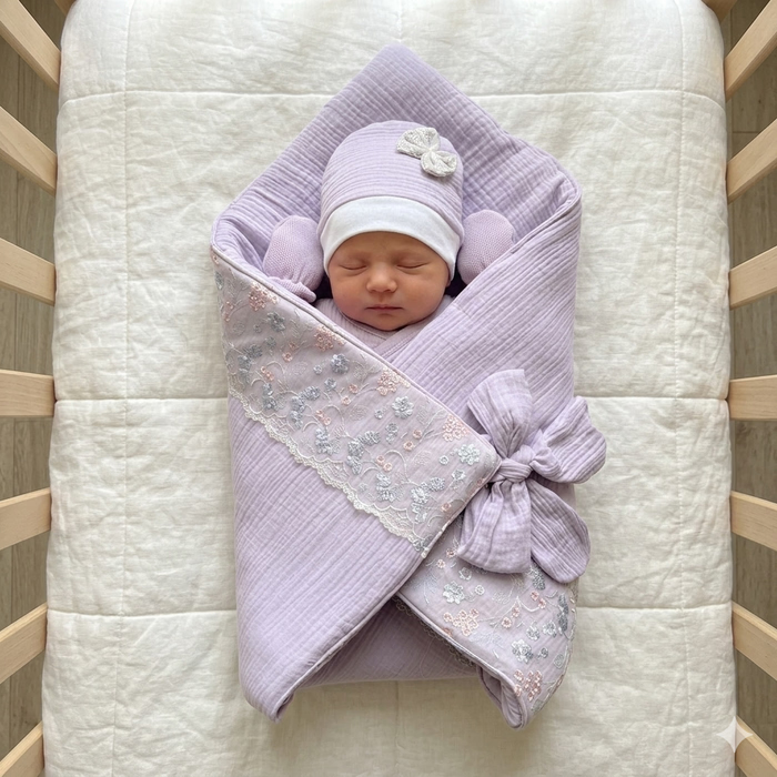 Lavender Bloom Muslin Drape & Cap Set