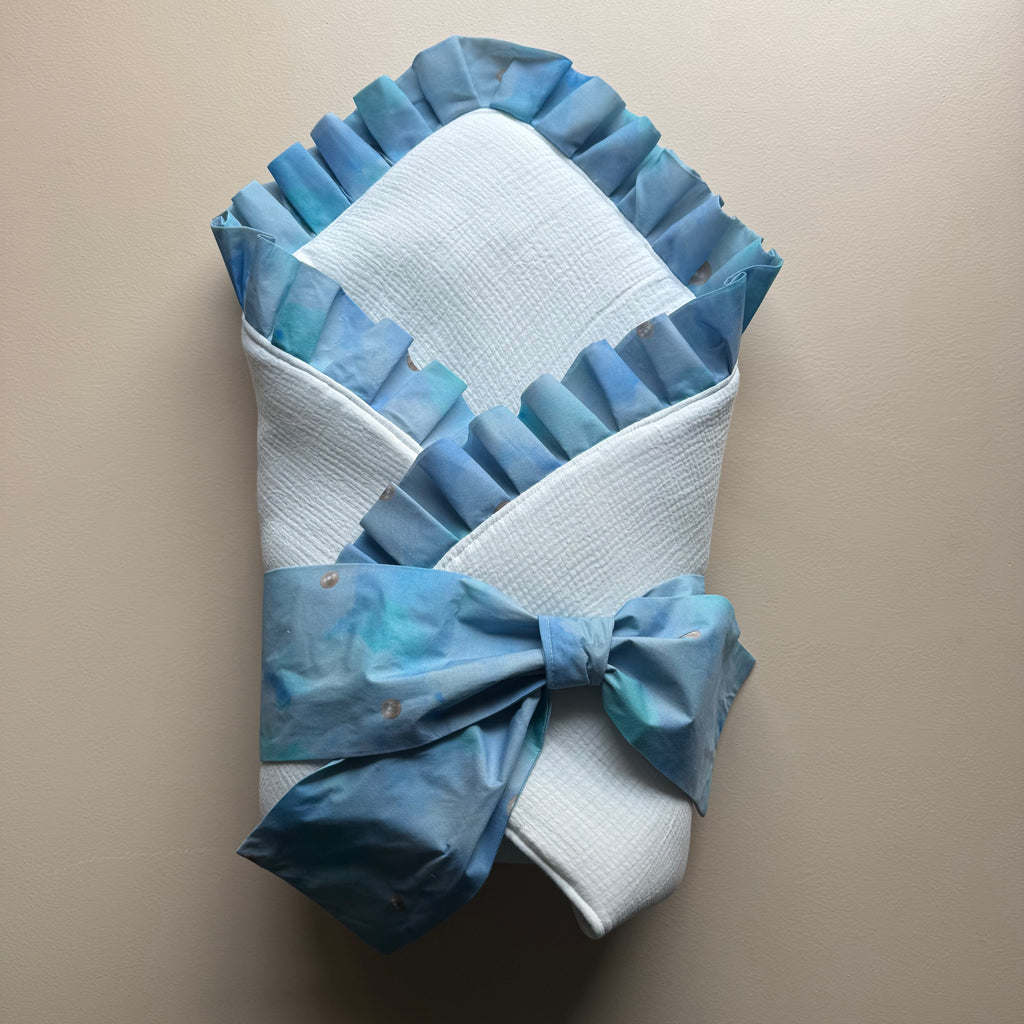 Blue Pearl Elegance – Muslin Drape & Cap Set