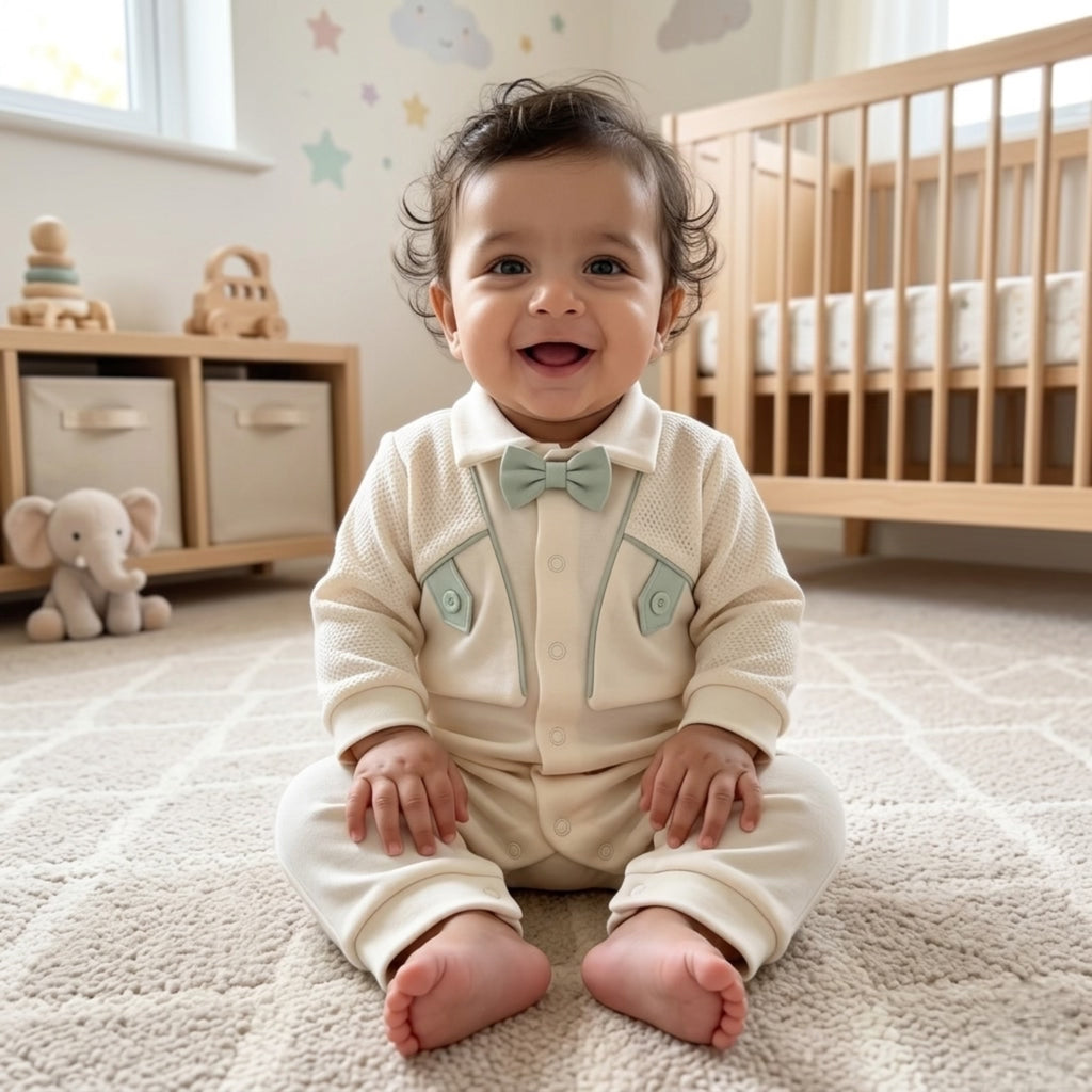 Petit Gentleman Knit Romper – Ivory & Sage