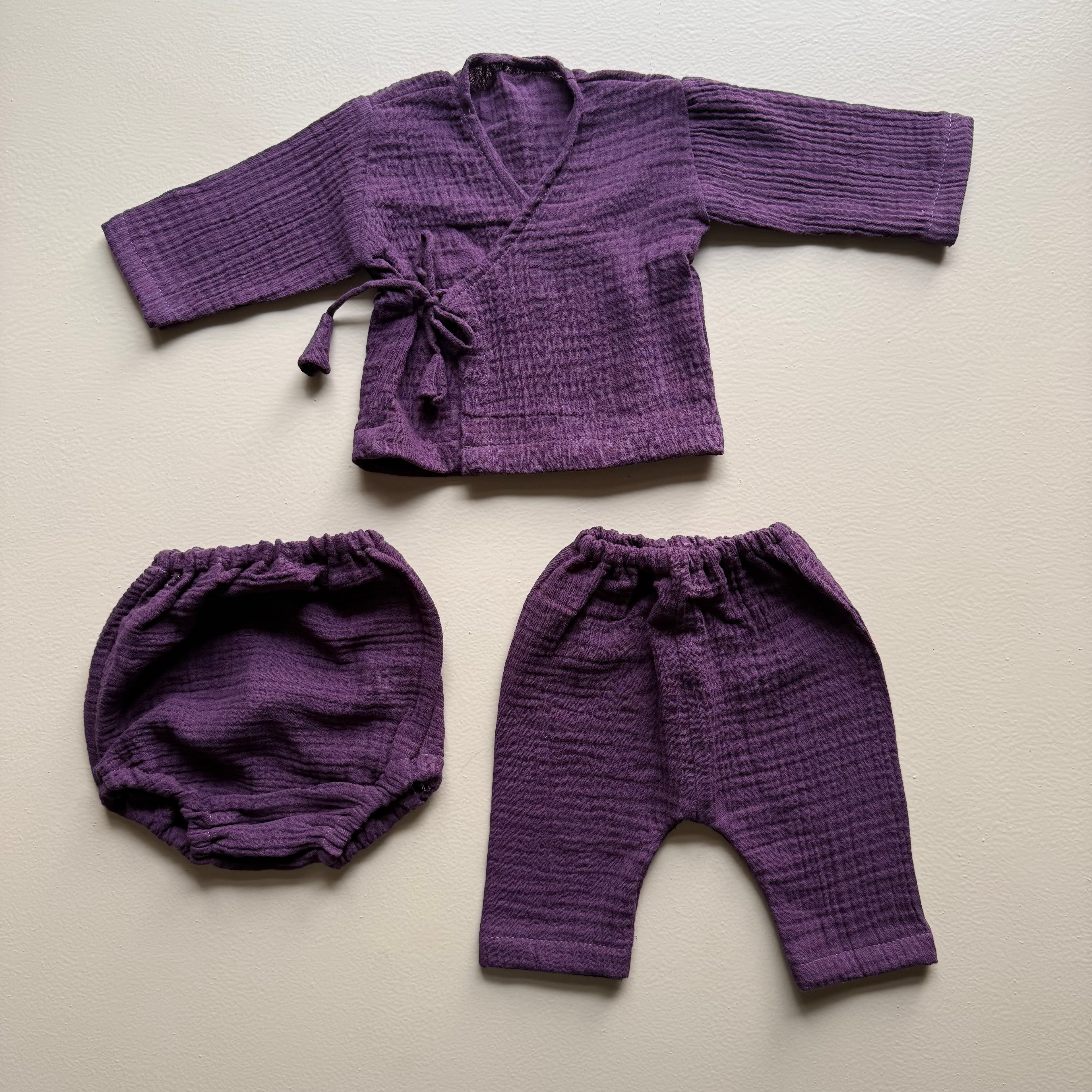 Plum Muslin 3-Piece Jhabla, Pants & Shorts Set