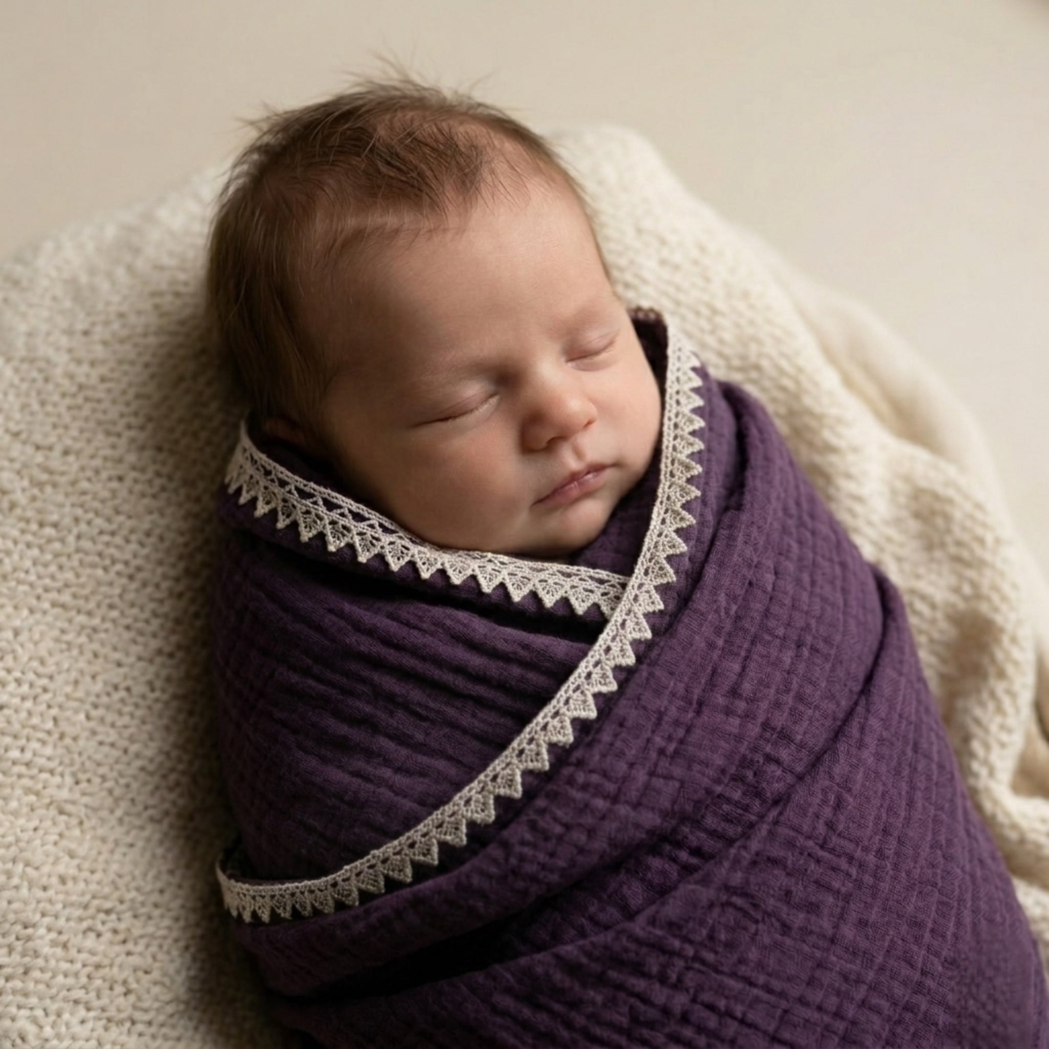 Plum Muslin Lace Trim Baby Swaddle