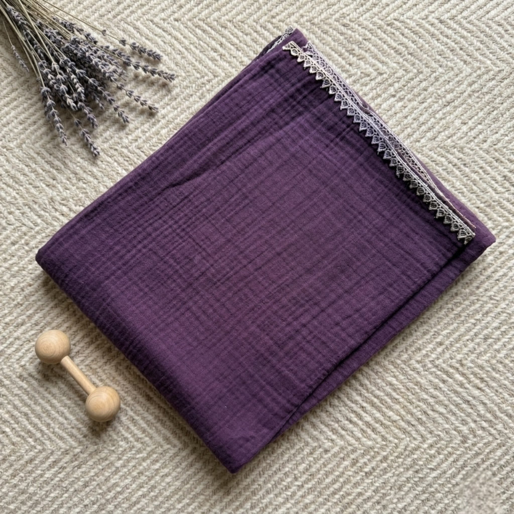 Plum Muslin Lace Trim Baby Swaddle