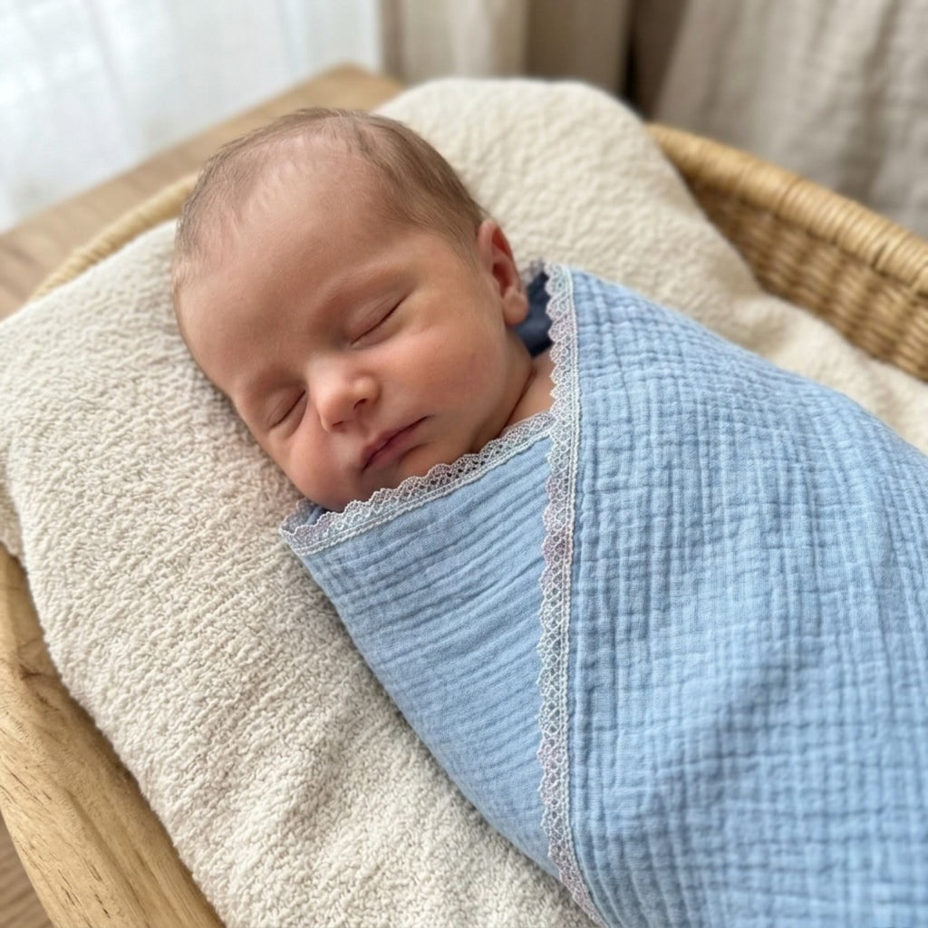Powder Blue Muslin Lace Trim Baby Swaddle
