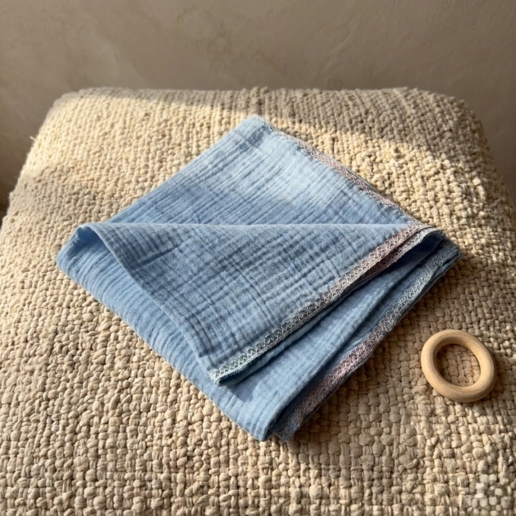Powder Blue Muslin Lace Trim Baby Swaddle