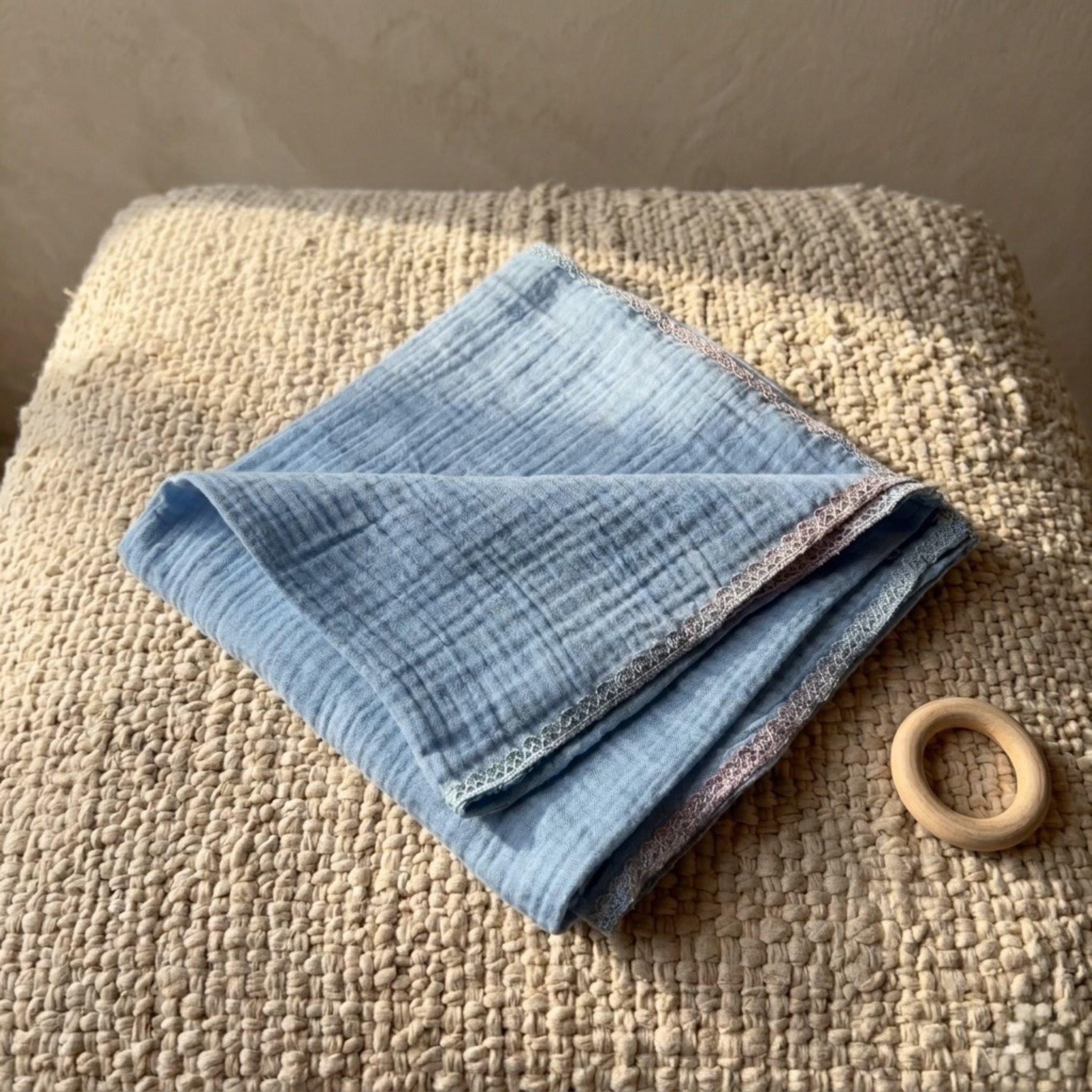 Powder Blue Muslin Lace Trim Baby Swaddle