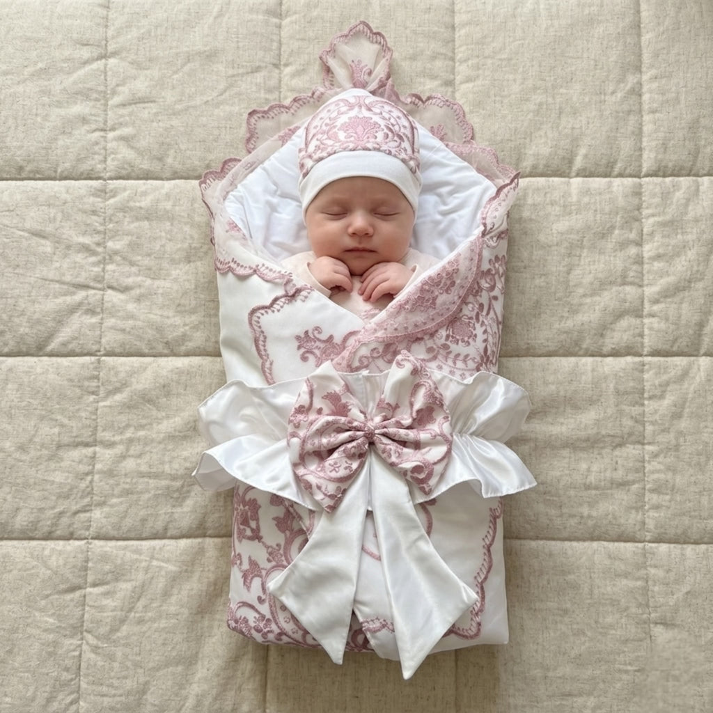 Royal Blush White Satin Baby Drape & Cap Set