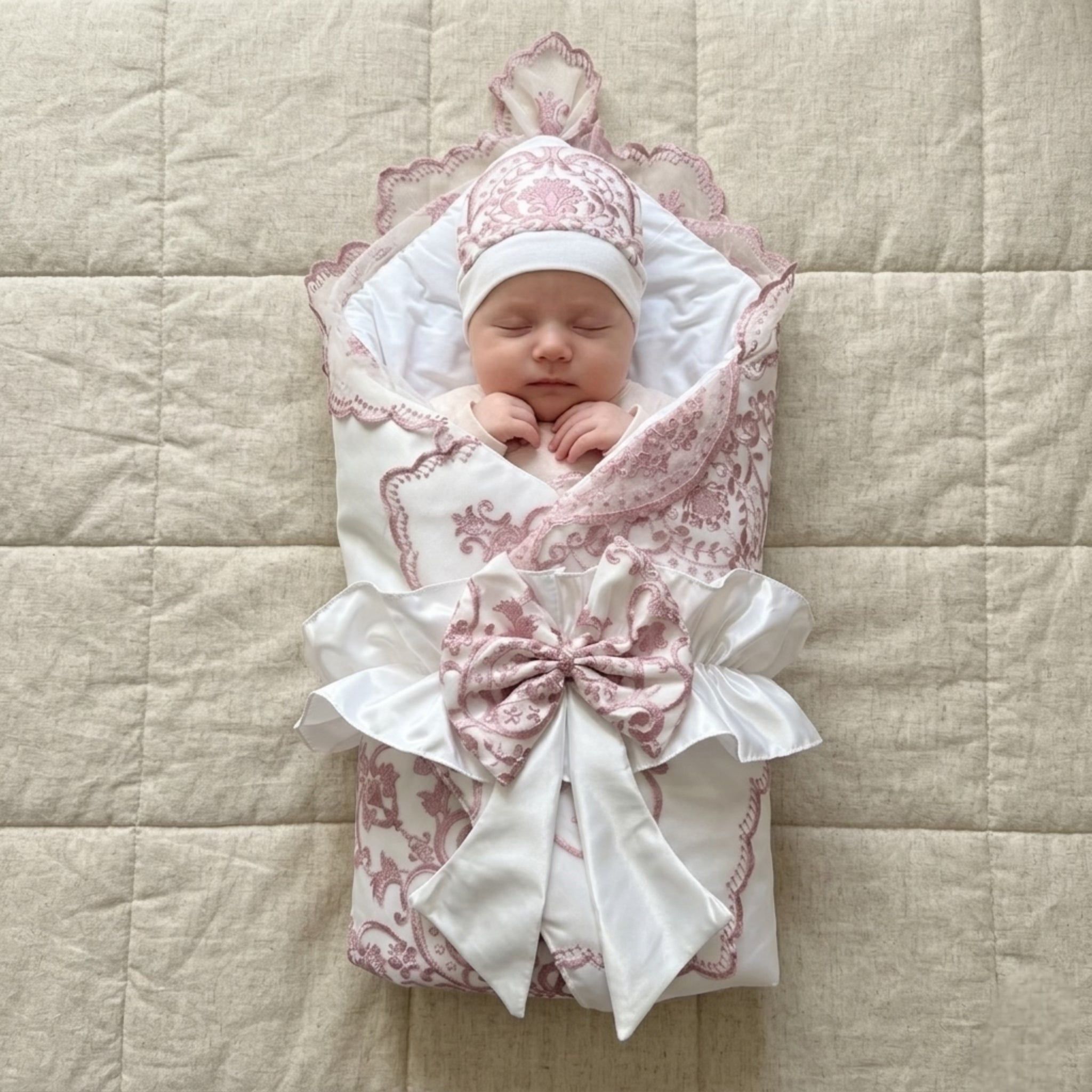 Royal Blush White Satin Baby Drape & Cap Set