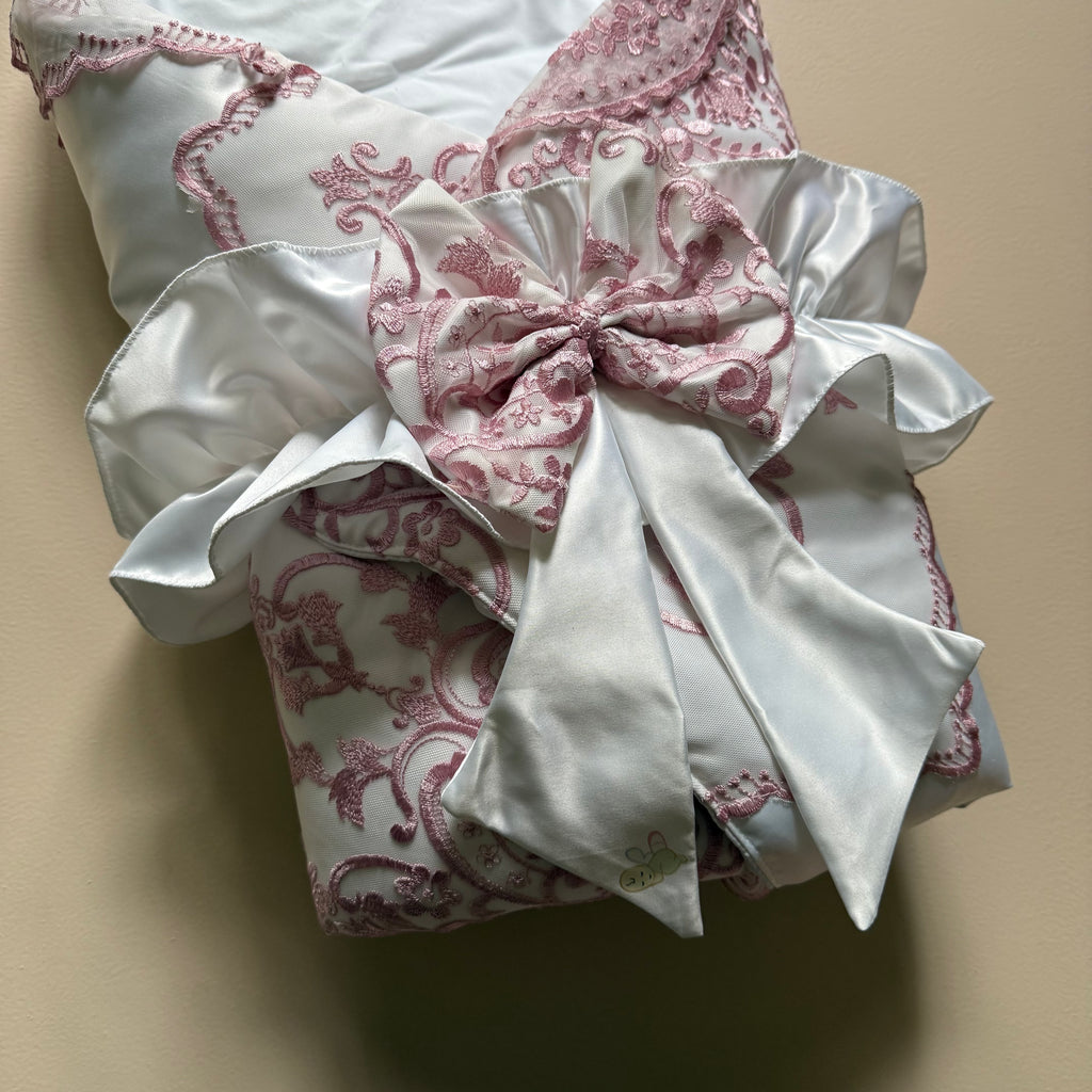 Royal Blush White Satin Baby Drape & Cap Set