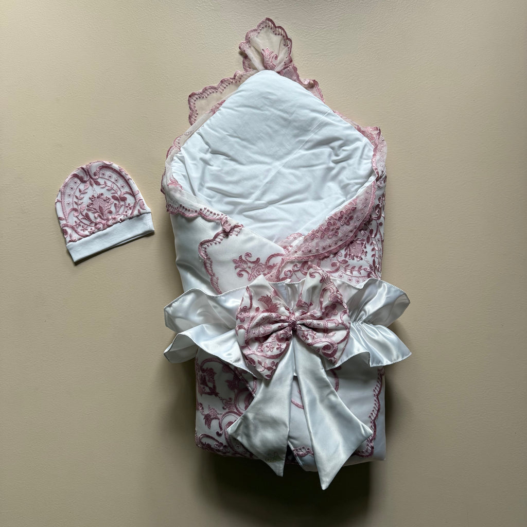 Royal Blush White Satin Baby Drape & Cap Set