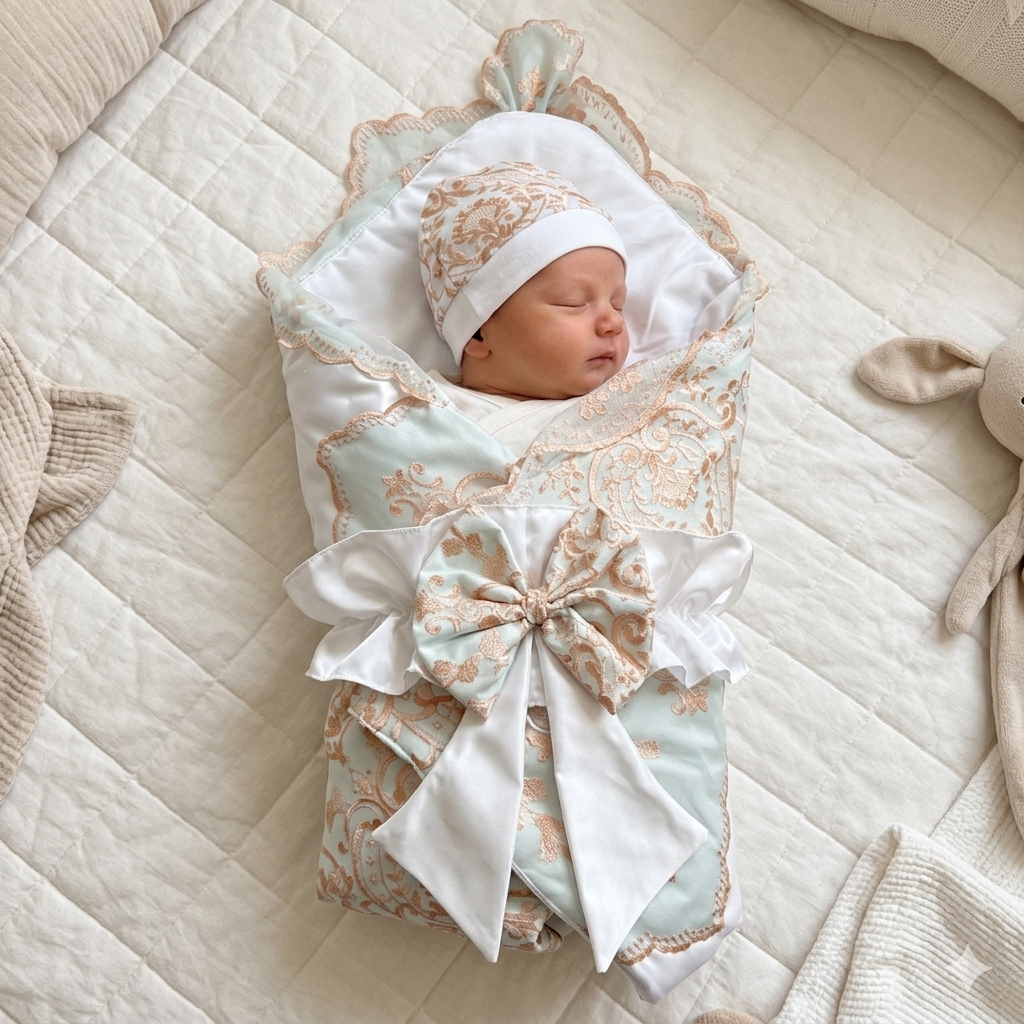 Royal White Satin Baby Drape & Cap Set