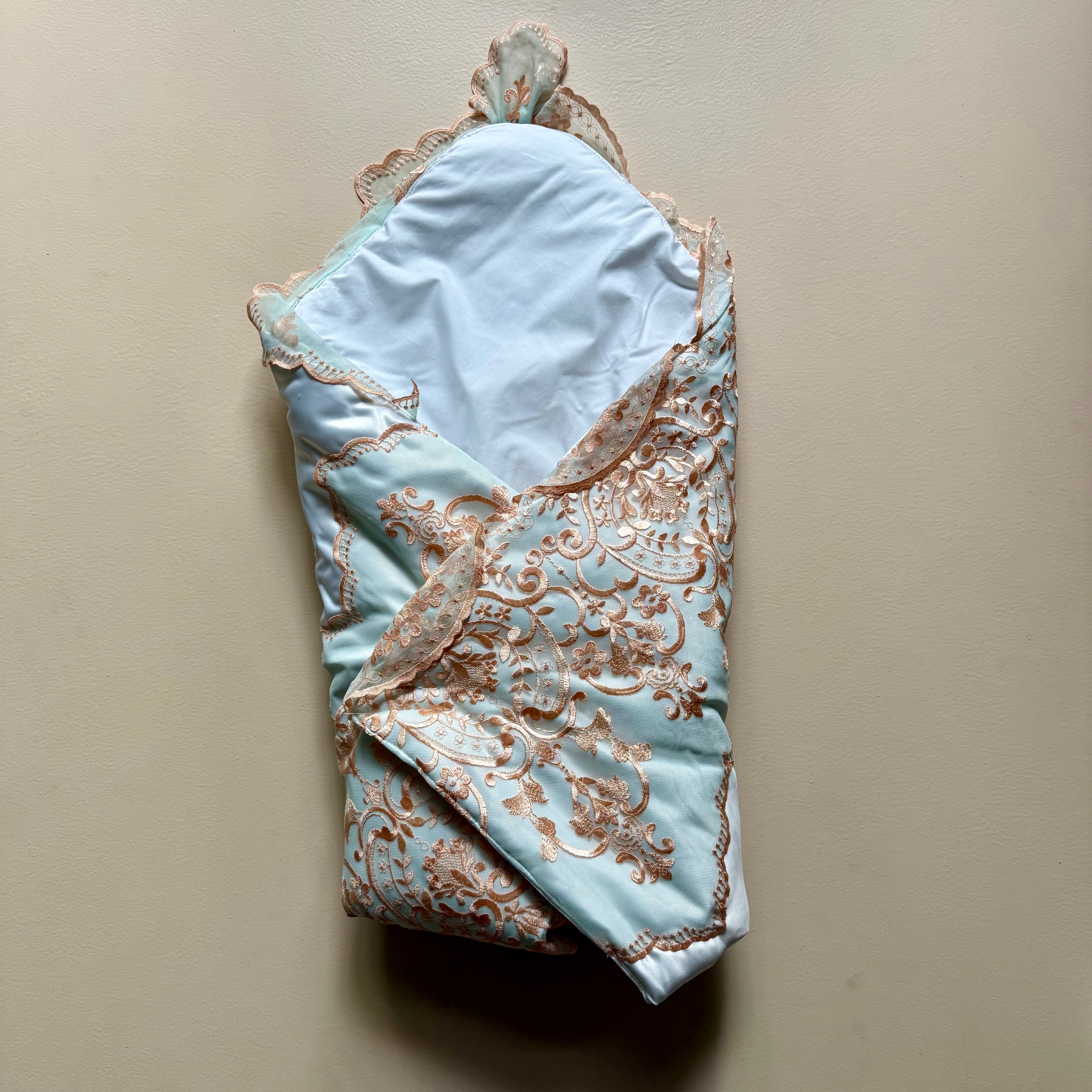 Royal White Satin Baby Drape & Cap Set
