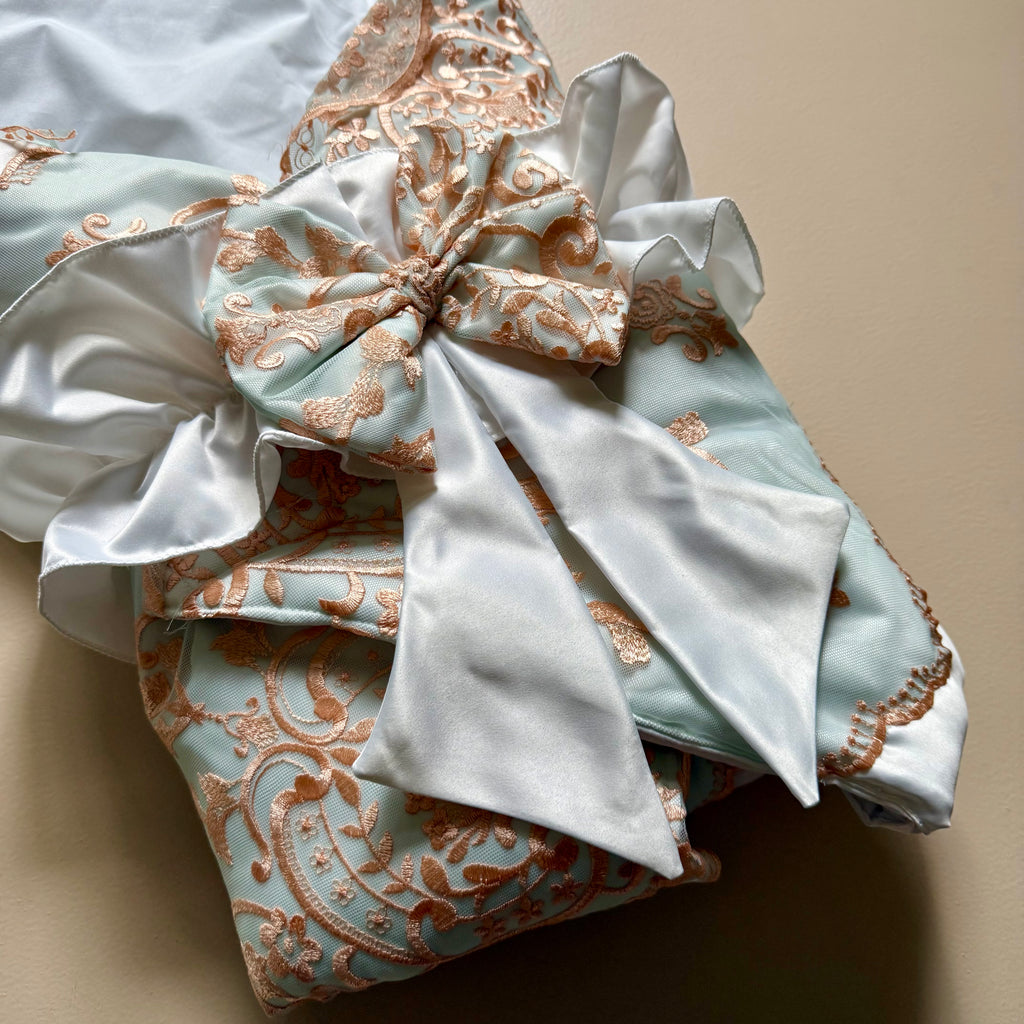Royal White Satin Baby Drape & Cap Set