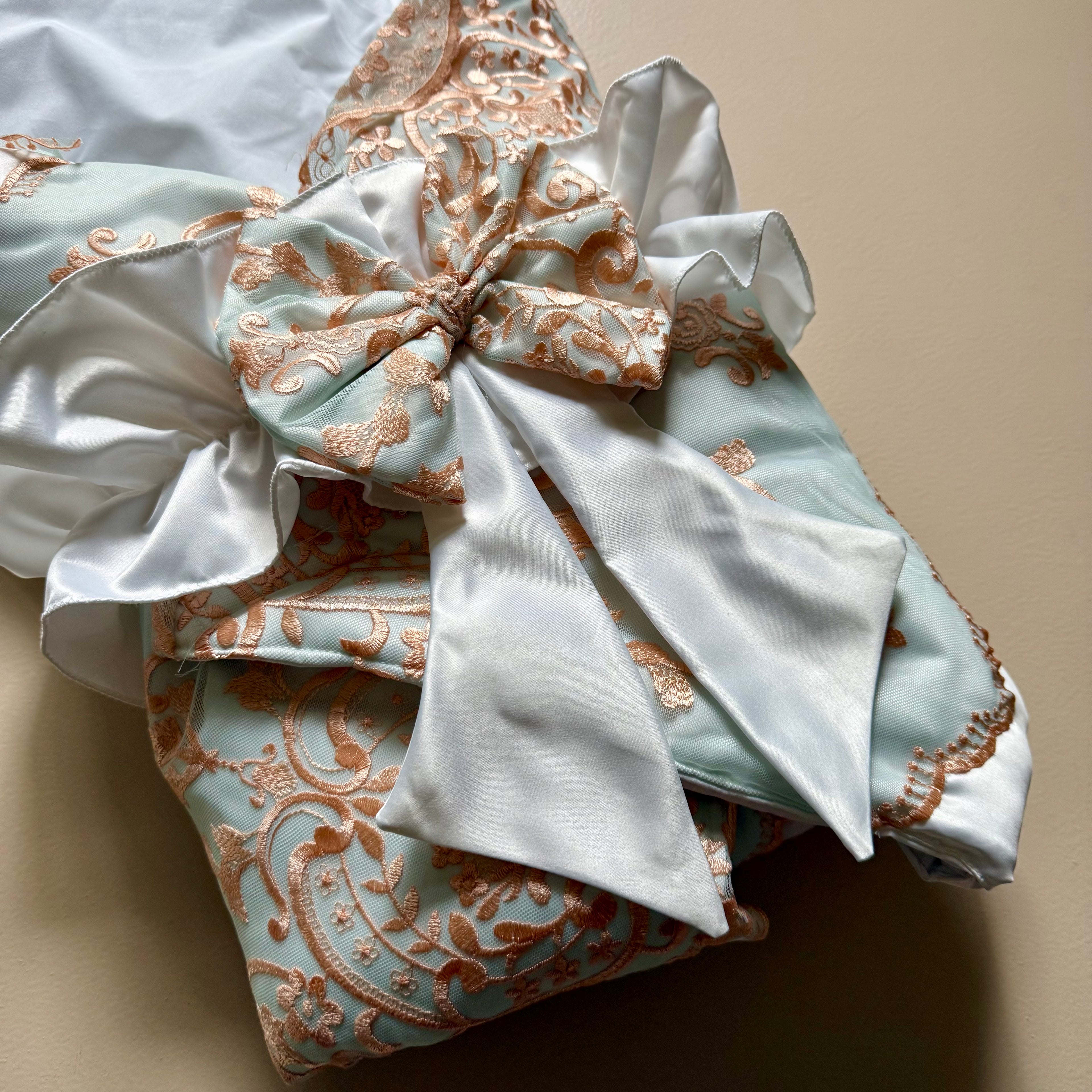 Royal White Satin Baby Drape & Cap Set