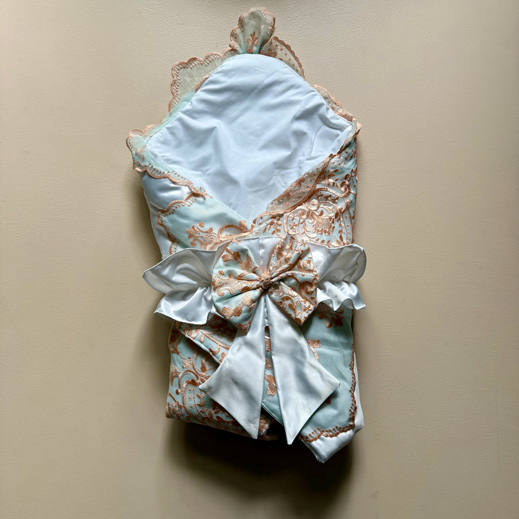 Royal White Satin Baby Drape & Cap Set