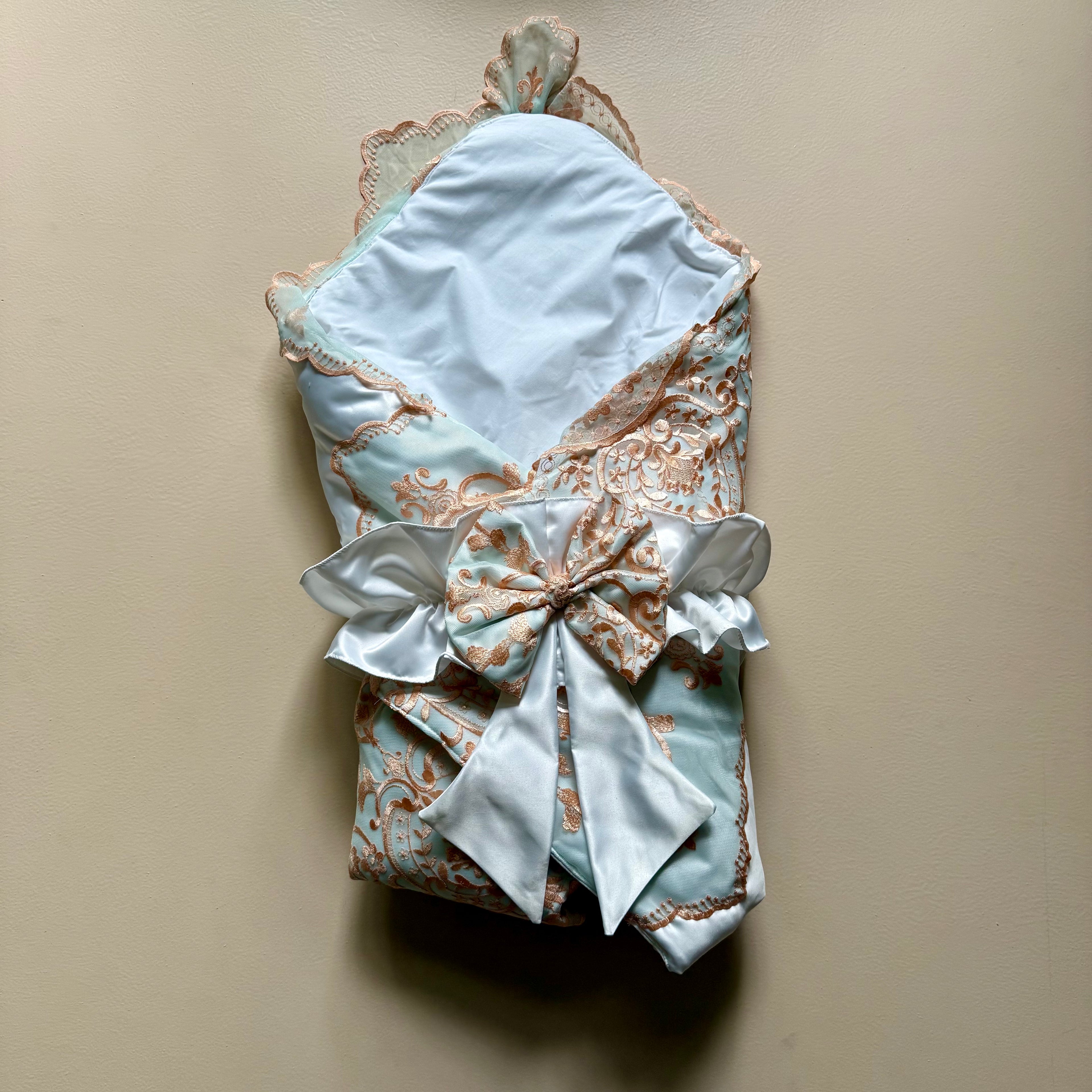 Royal White Satin Baby Drape & Cap Set