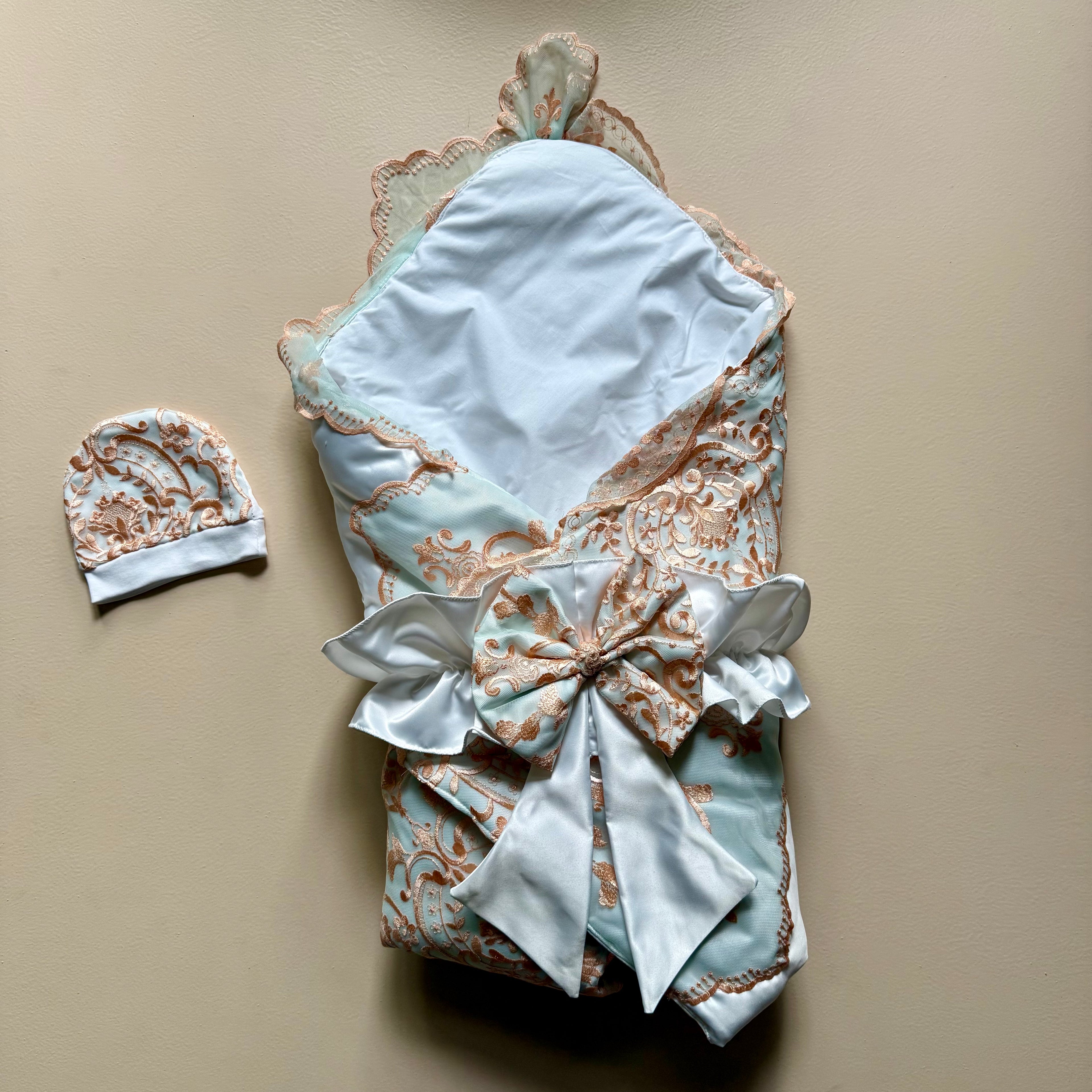 Royal White Satin Baby Drape & Cap Set