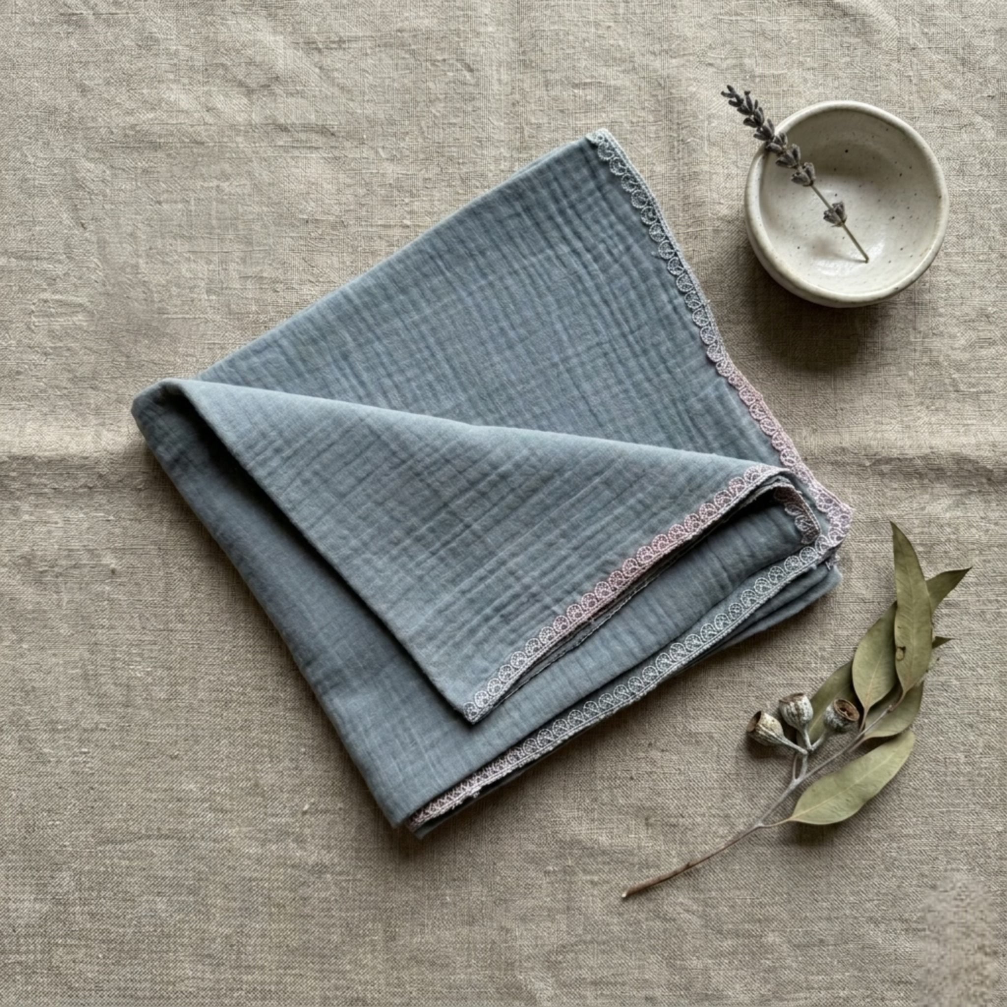 Sage Blue Muslin Lace Trim Baby Swaddle