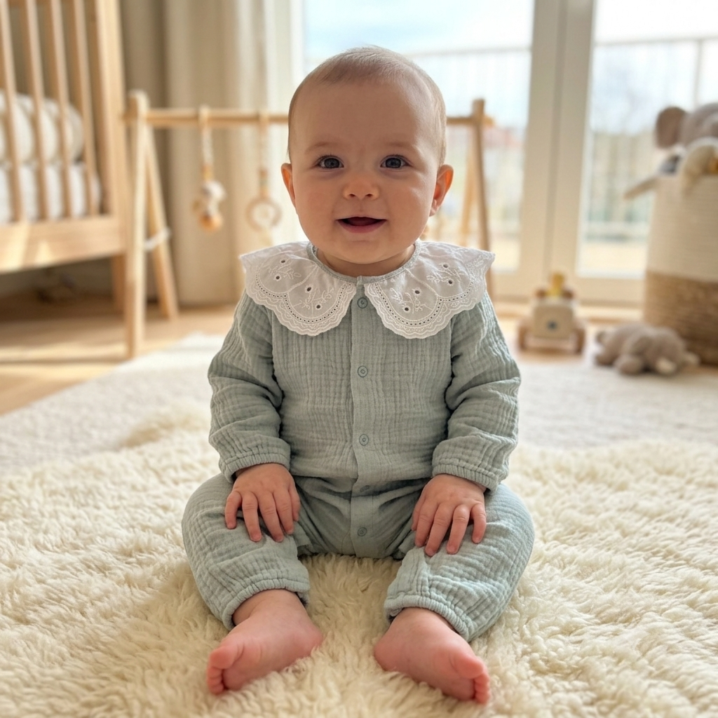Scallop Collar Muslin Romper – Sage Mist