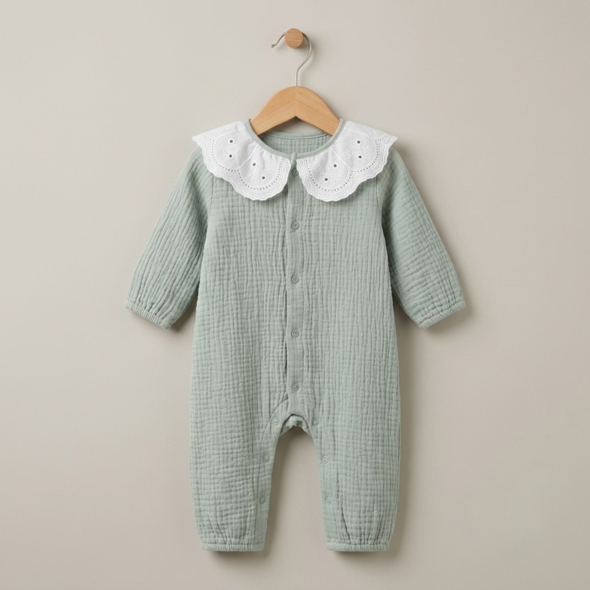 Scallop Collar Muslin Romper – Sage Mist