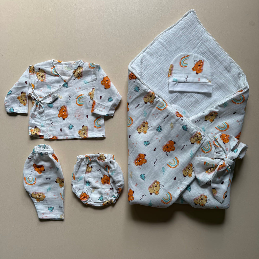 Teddy Dreams – 5 Piece Muslin Newborn Set