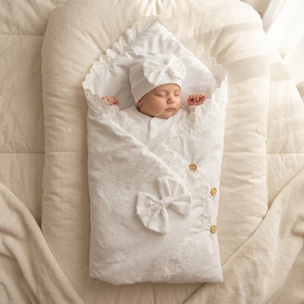 The Aurelia Broderie Anglaise Baby Drape and Cap Set