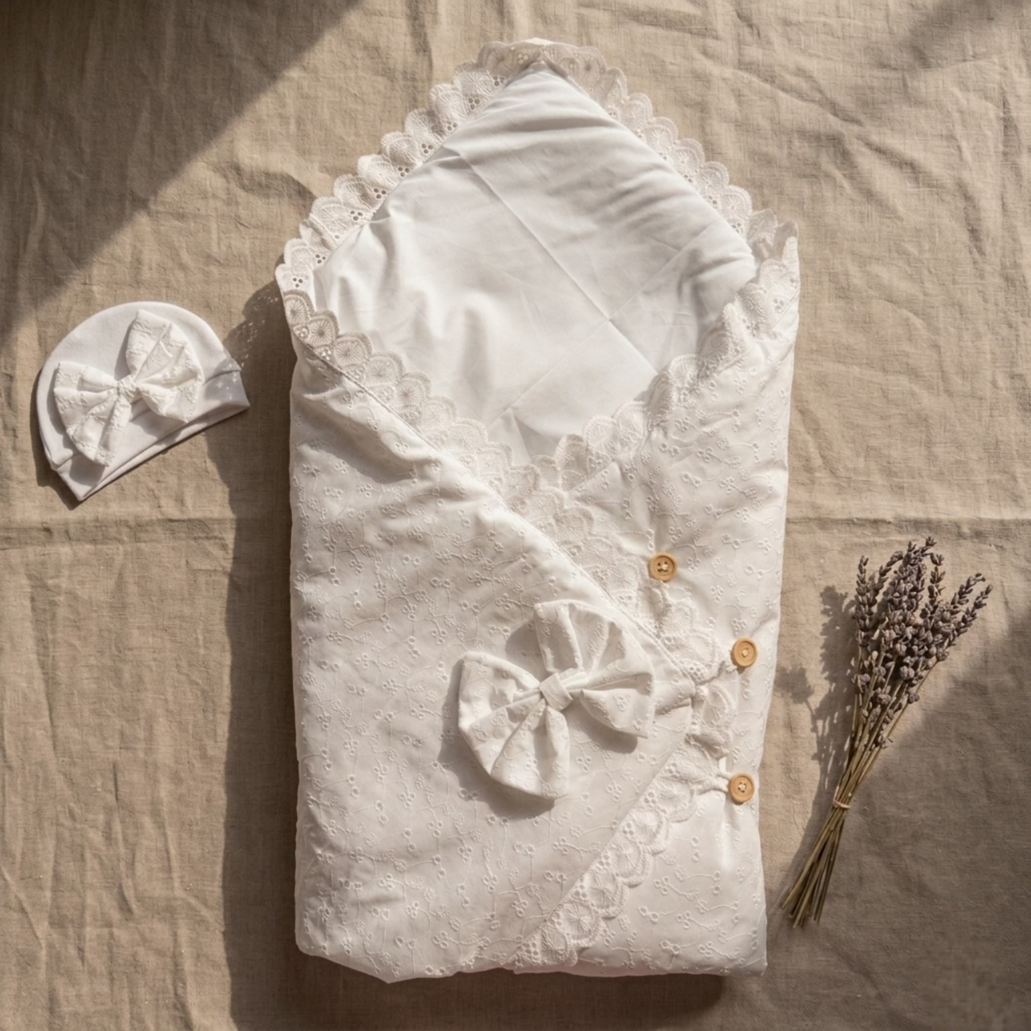 The Aurelia Broderie Anglaise Baby Drape and Cap Set