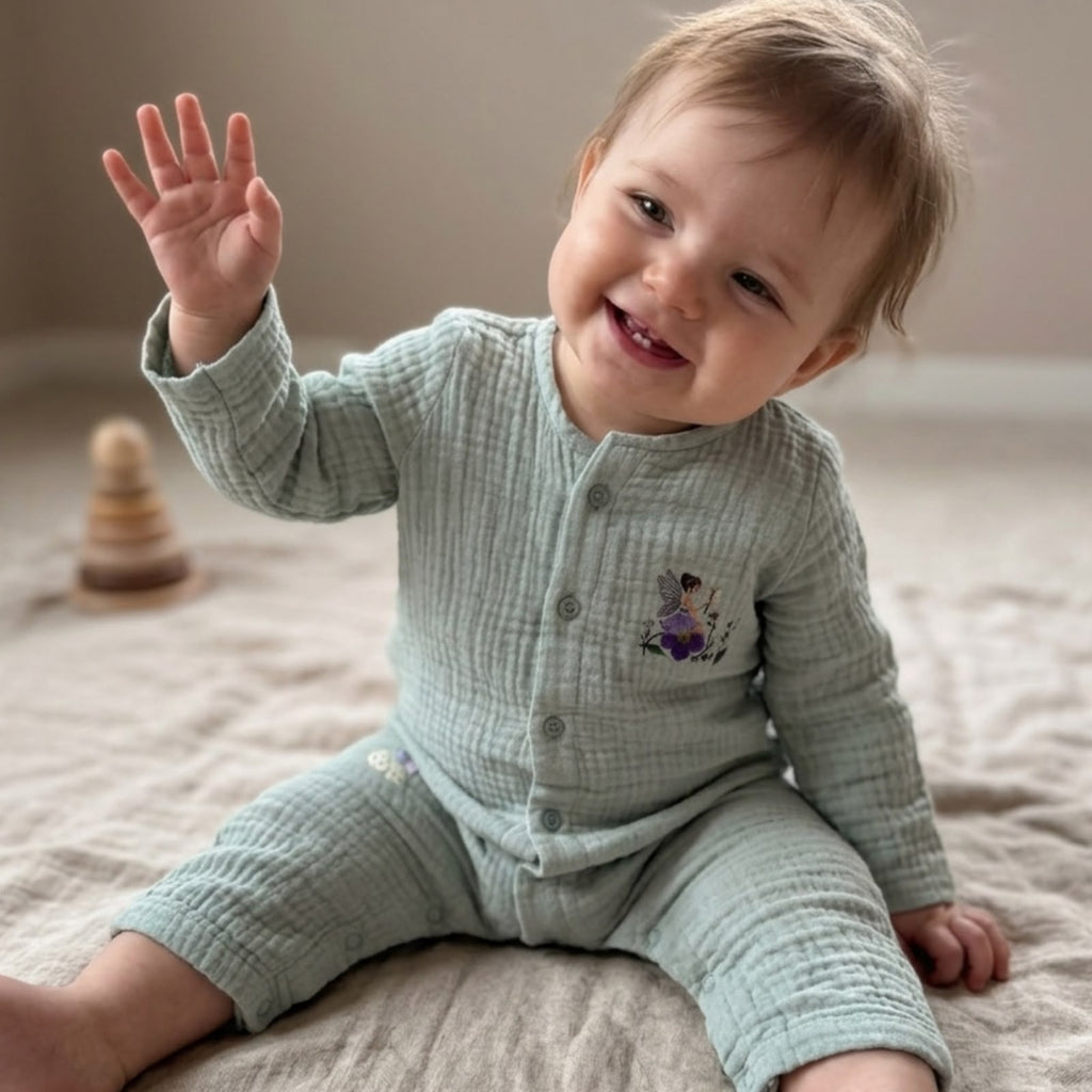 Whimsical Fairy Muslin Romper – Sage Mist