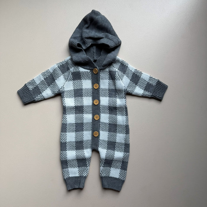 Cozy Check Knit Hooded Romper